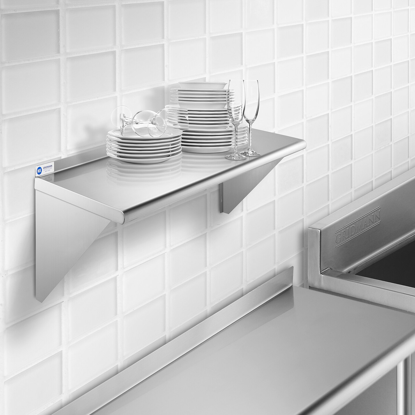 GRIDMANN NSF Stainless Steel 18&#x22; Deep Kitchen Wall Mount Shelves for Commercial Restaurant Bar w/ Backsplash