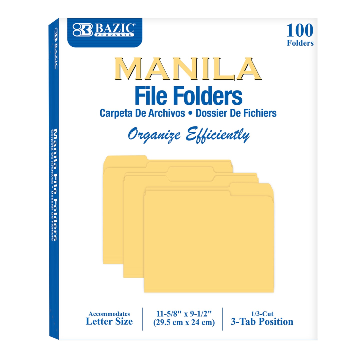 BAZIC Manila File Folder 1/3 Cut Letter Size (100/Pack)