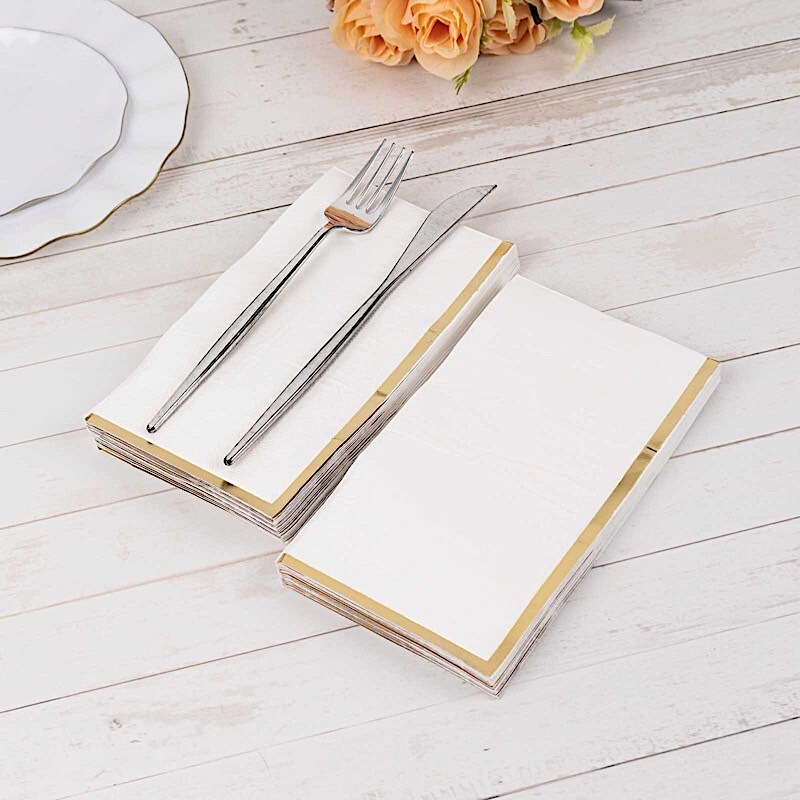 50 Plain Soft 2 Ply Dinner Table Paper NAPKINS with Gold Foil Edge