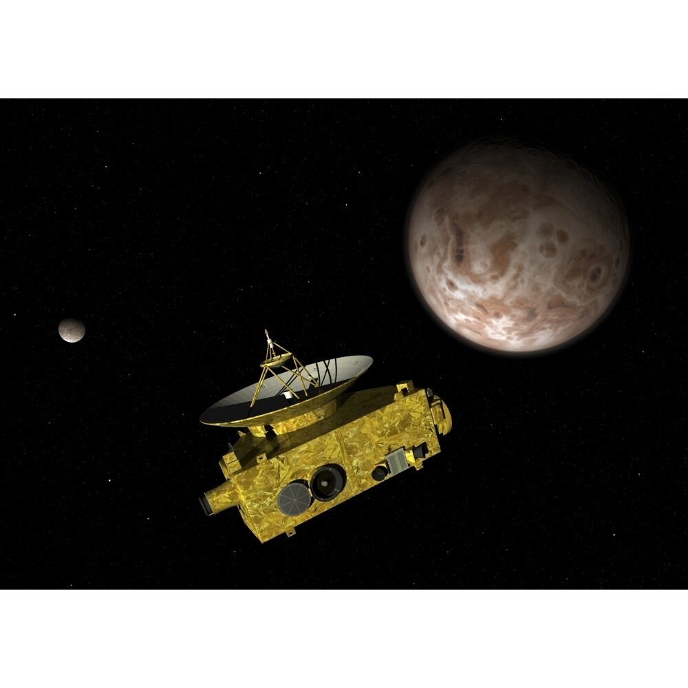 Horizons Spacecraft Over Dwarf Planet Pluto And Its Moon Charon Poster Print