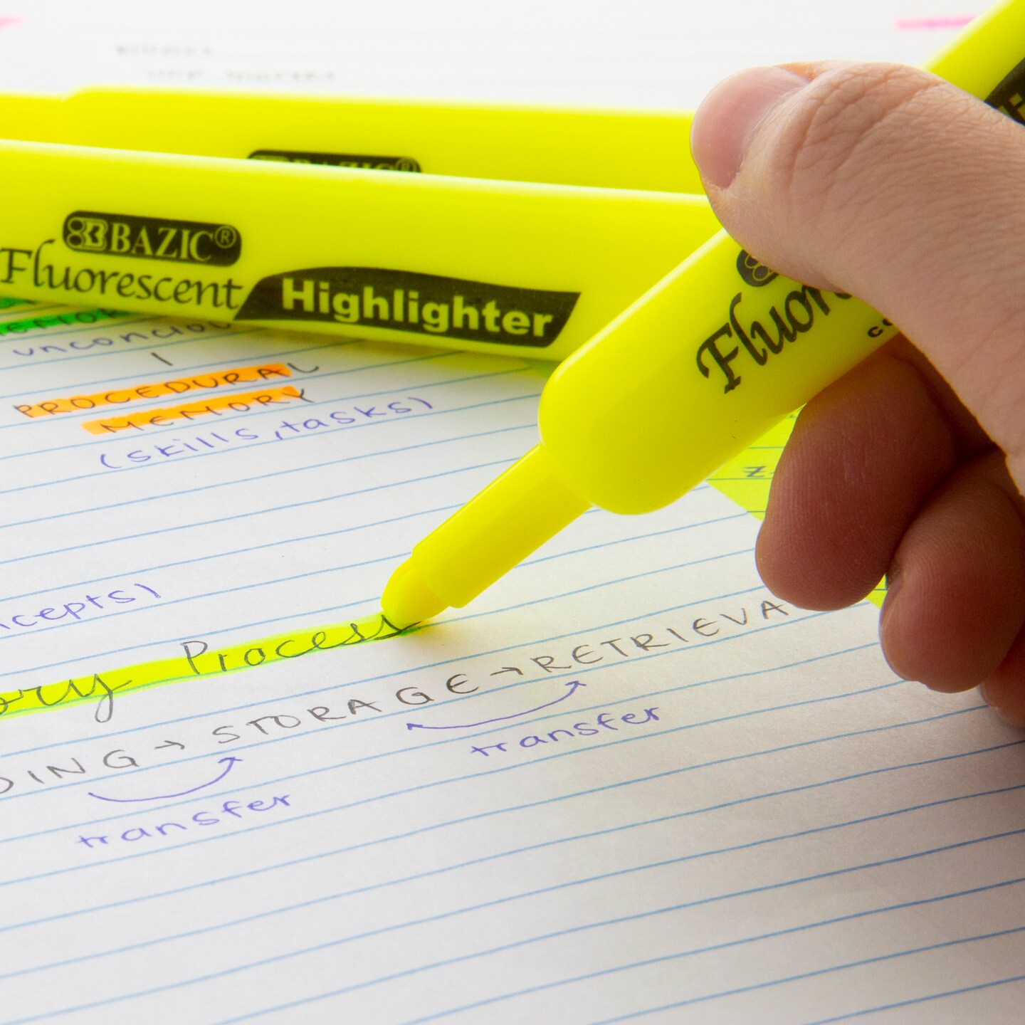BAZIC Desk Style Fluorescent Highlighters Yellow (3/Pack)