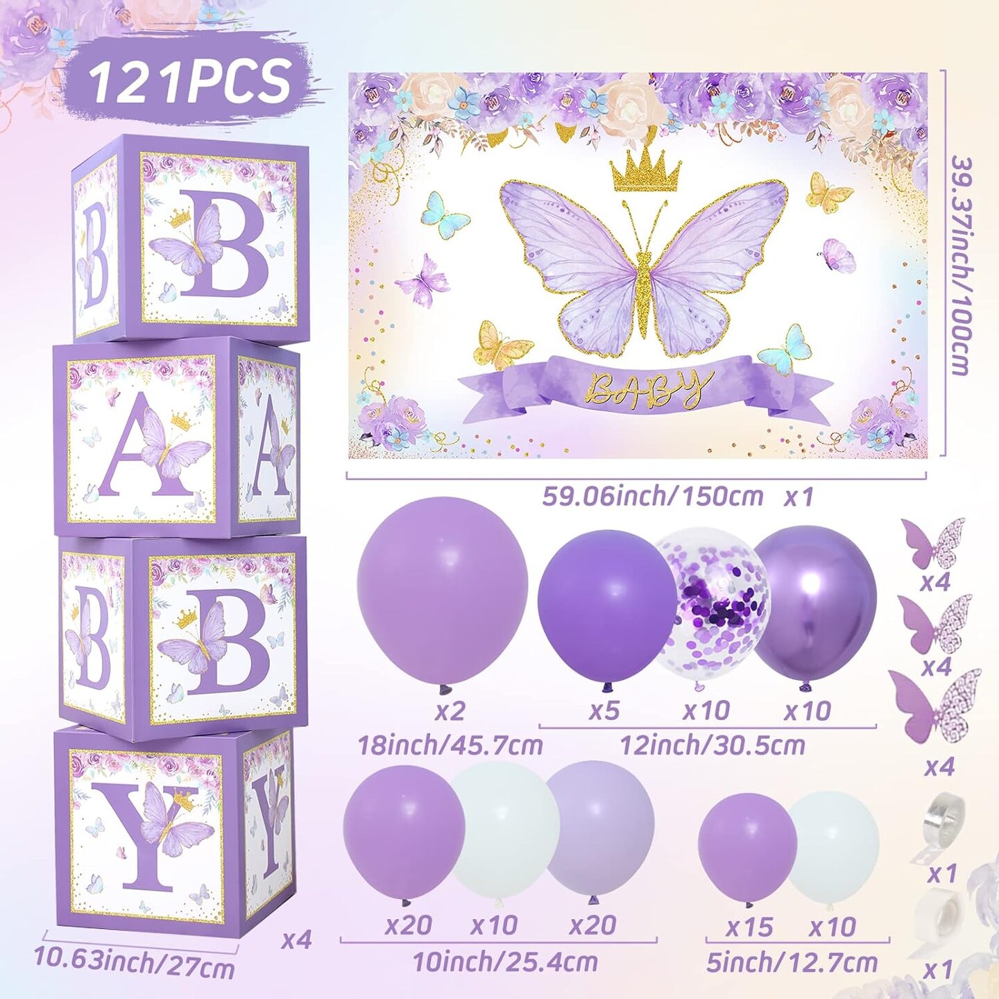 Purple Butterfly Baby Shower Decorations for Girl,Purple Balloon Garland Arch Kit,Purple Butterfly Baby Boxes and Butterfly Backdrop Kit for Baby Shower Butterfly Birthday Lavender Party Decorations