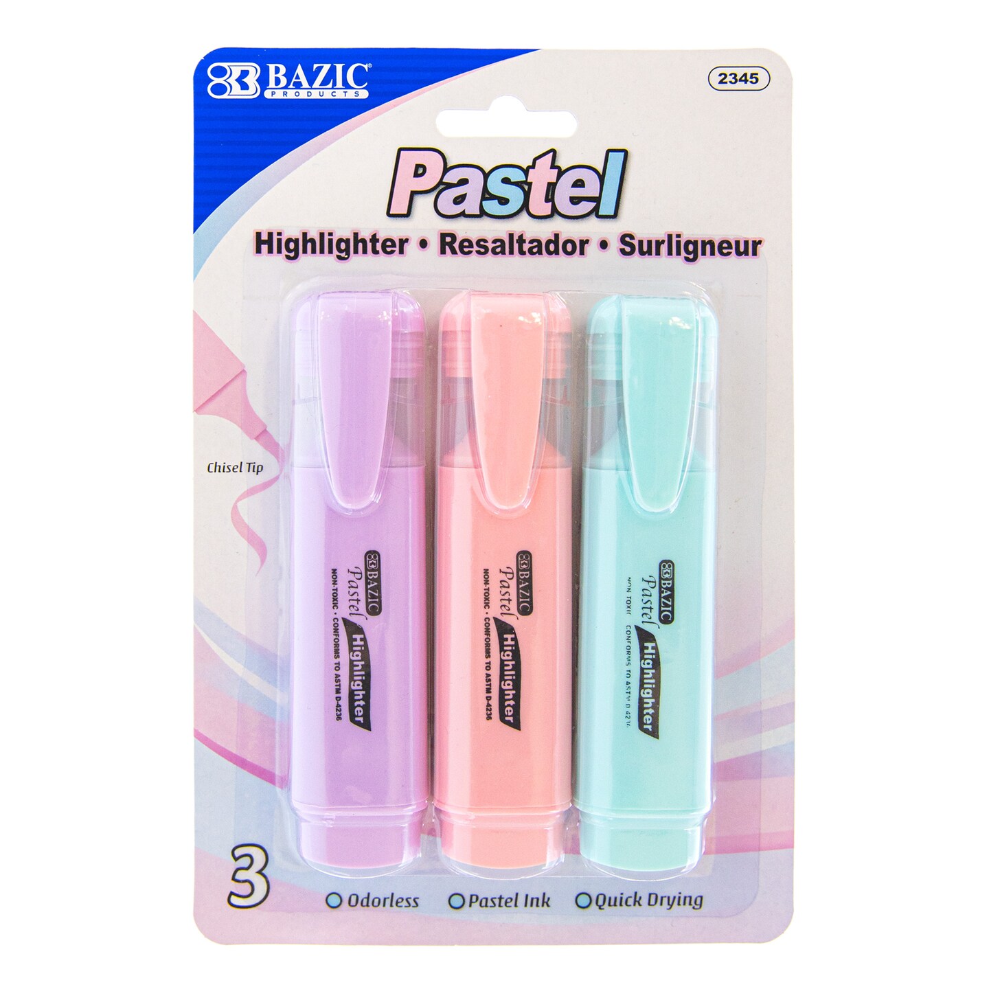 BAZIC Pastel Highlighters w/ Pocket Clip (3/Pack)
