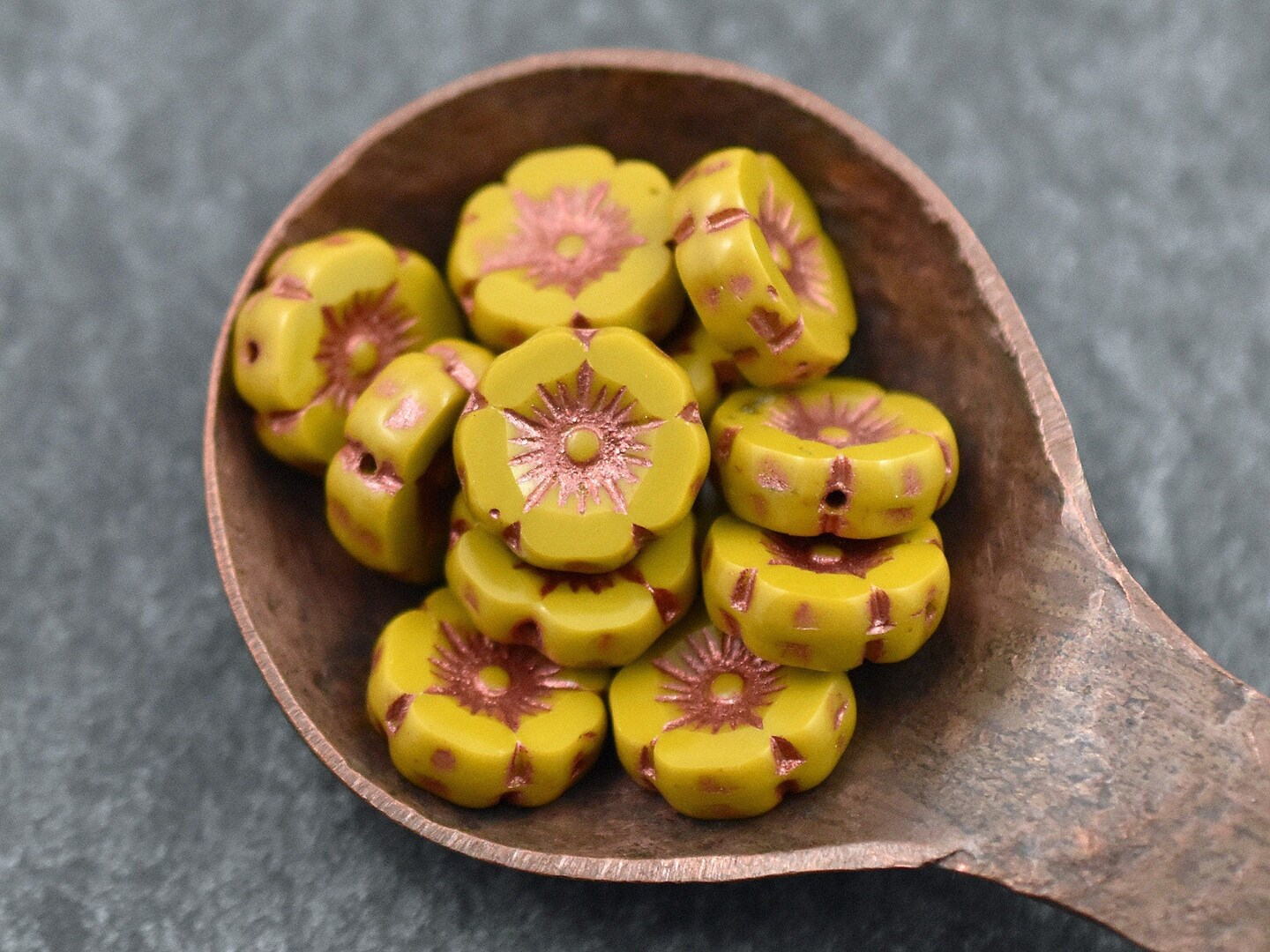 *12* 12mm Copper Washed Opaque Mustard Yellow Hawaiian Flower Beads