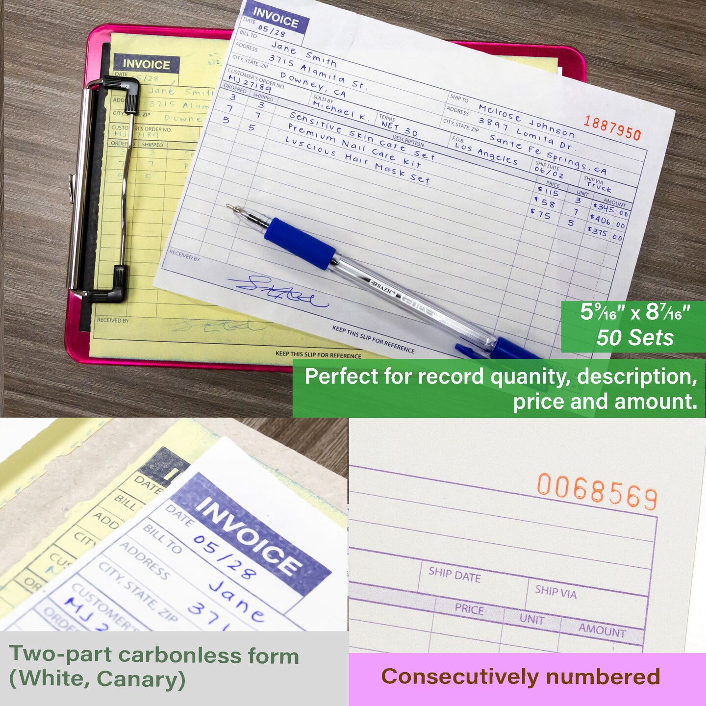 BAZIC Invoice Book 2-Part Carbonless 5 9/16" x 8 7/16" (50 Sets)