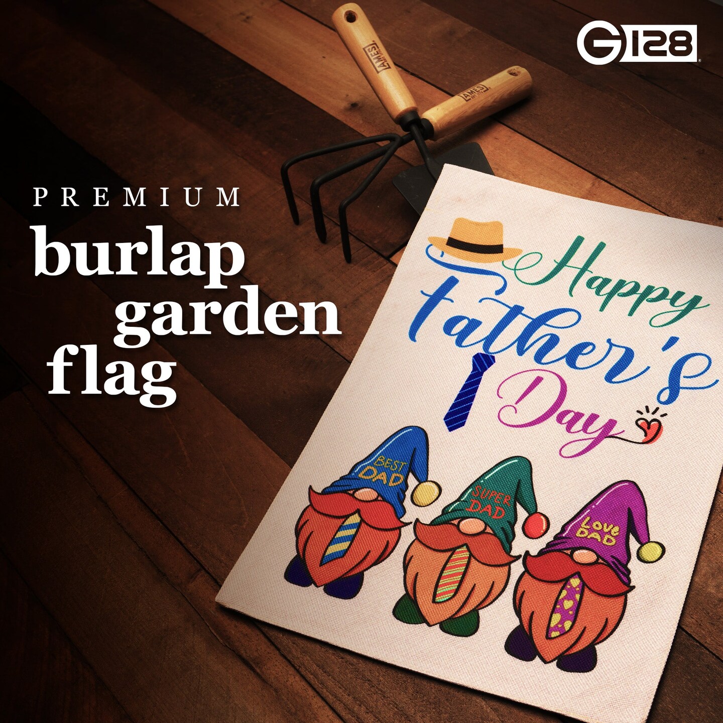 G128 Garden Flag Happy Father&#x27;s Day Three Gnome Fathers 12&#x22;x18&#x22; Burlap Fabric