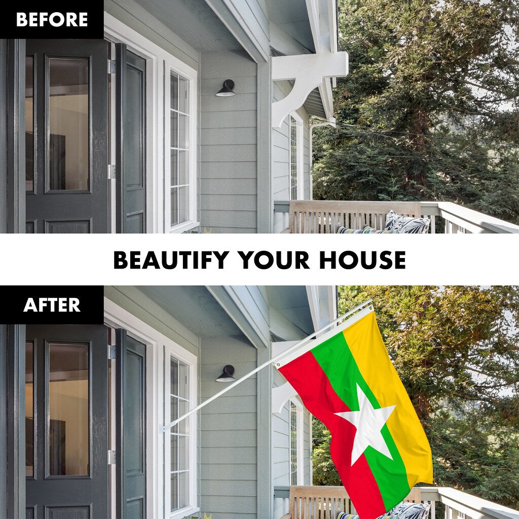 G128 Combo Pack: 6 Ft Tangle Free Spinning Flagpole (White) &#x26; Myanmar Flag 3x5 Ft Printed 150D Polyester, Brass Grommets (Flag Included) Aluminum Flag Pole
