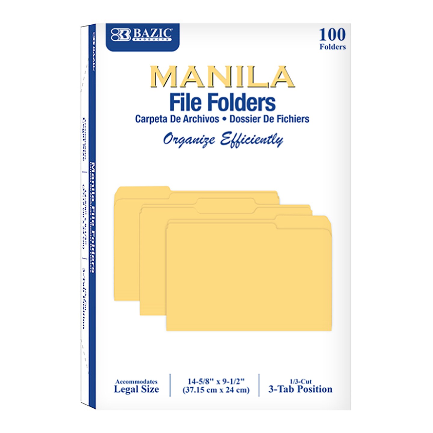 BAZIC Manila File Folder 1/3 Cut Legal Size (100/Pack)