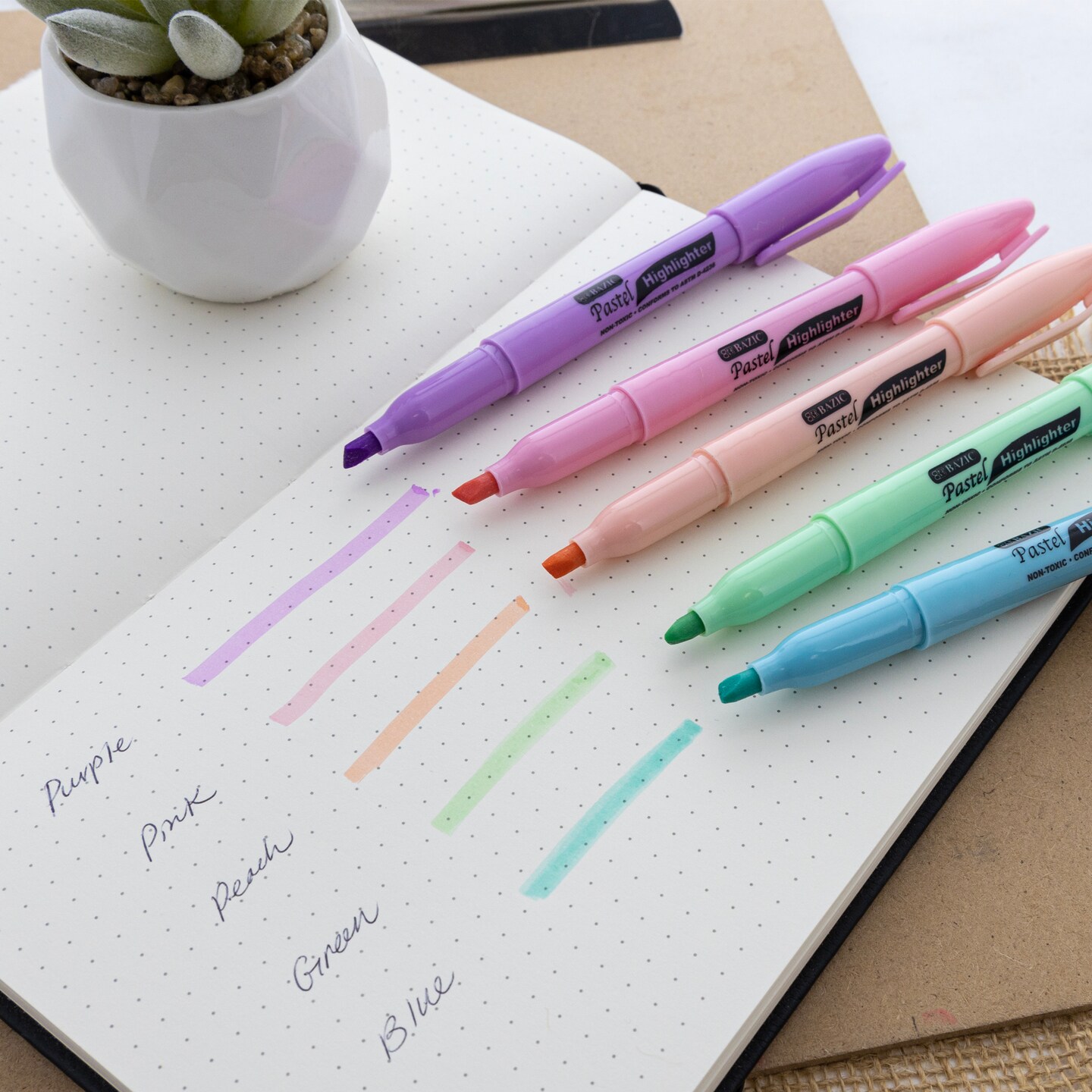 BAZIC Pen Style Pastel Assorted Colors Highlighter w/ Pocket Clip (5/Pack)