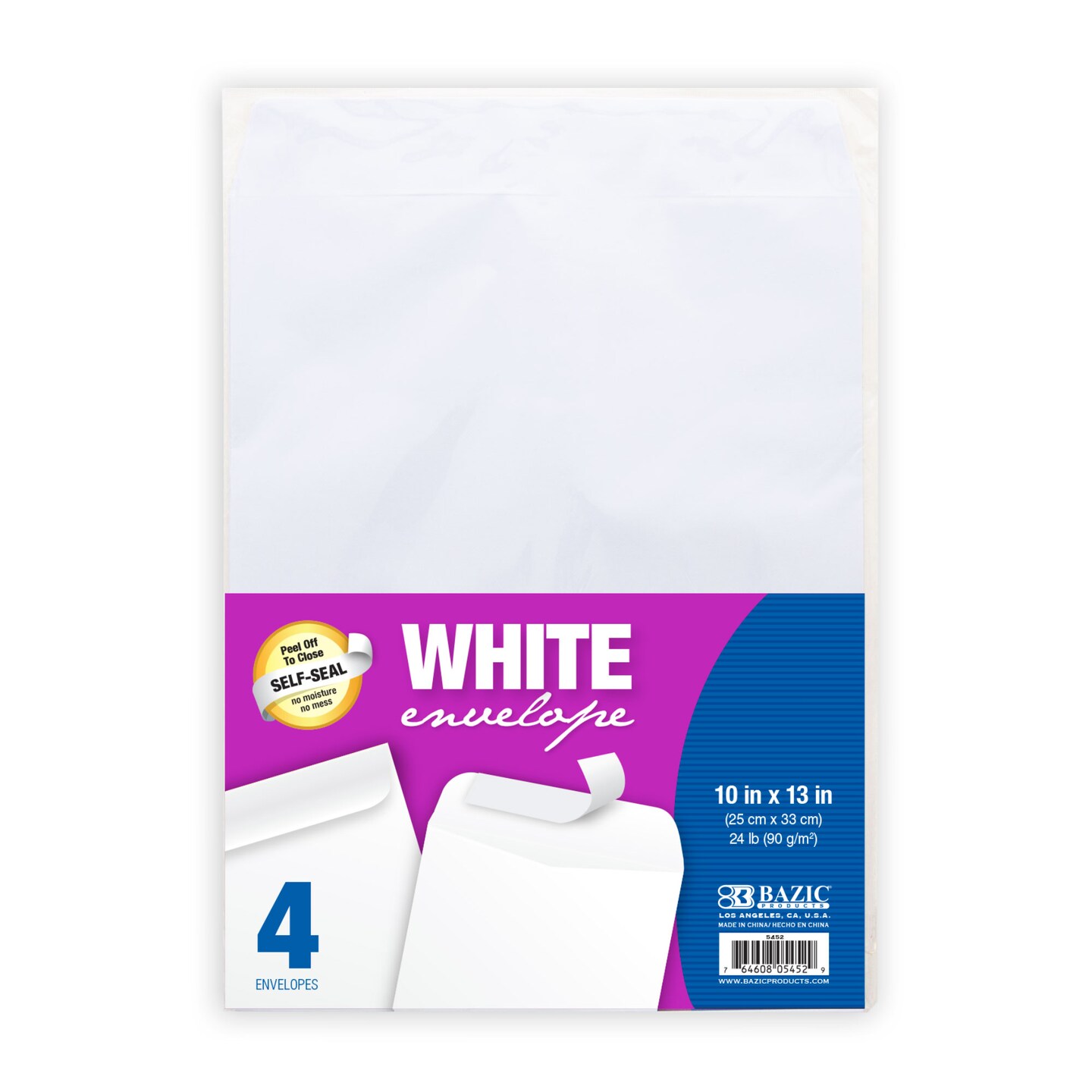 BAZIC Self-Seal White Envelope 10&#x22; X 13&#x22; (4/Pack)