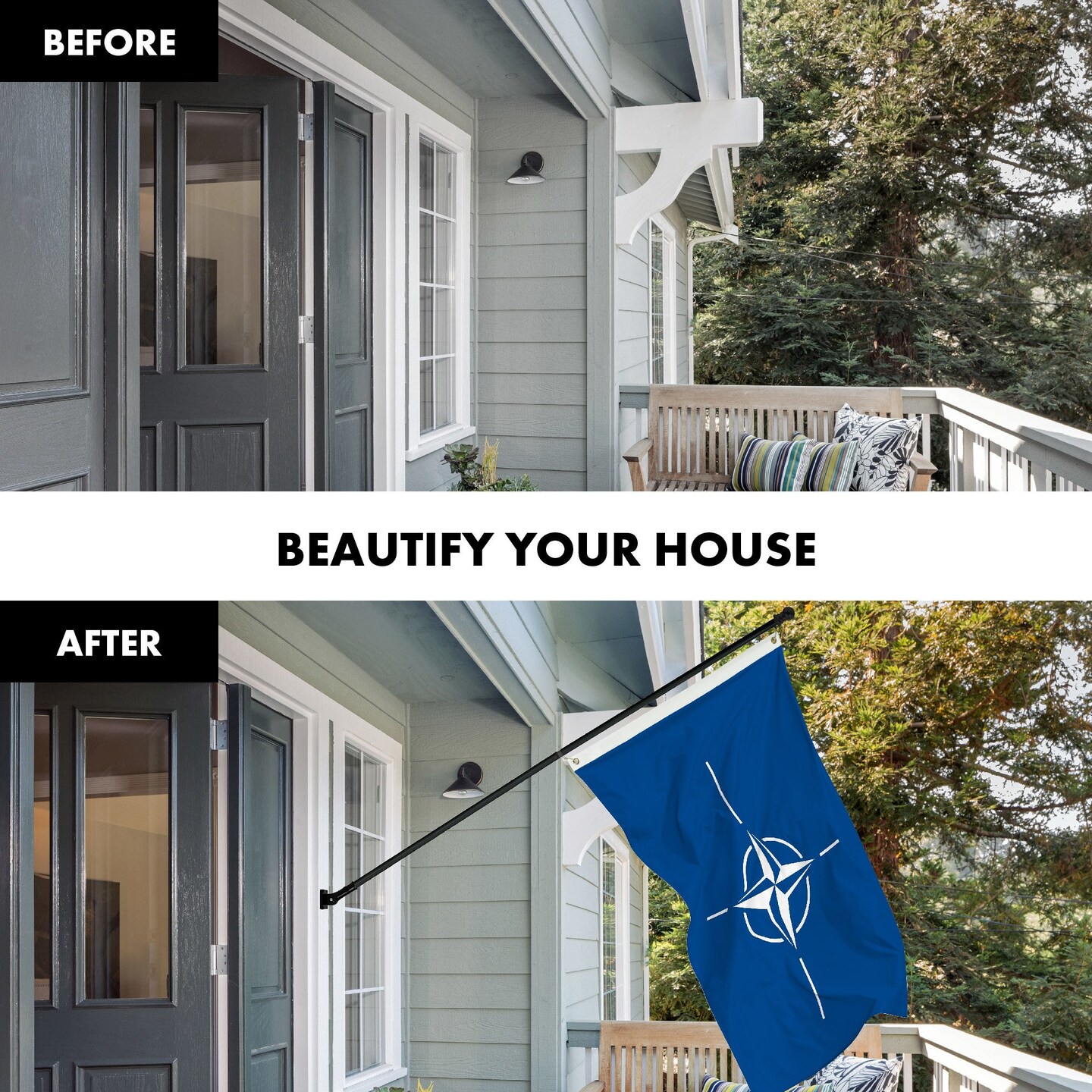 G128 Combo Pack: 6 Ft Tangle Free Aluminum Spinning Flagpole (Black) &#x26; North Atlantic Treaty Org NATO Flag 3x5 Ft, LiteWeave Pro Series Printed 150D Polyester | Pole with Flag Included