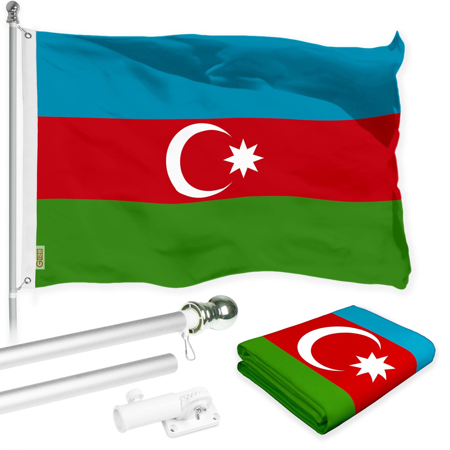 G128 Combo Pack: 6 Ft Tangle Free Aluminum Spinning Flagpole (Silver) &#x26; Azerbaijan Azerbaijanis Azeris Flag  3x5 Ft LiteWeave Pro Series Printed 150D Polyester | Pole with Flag Included