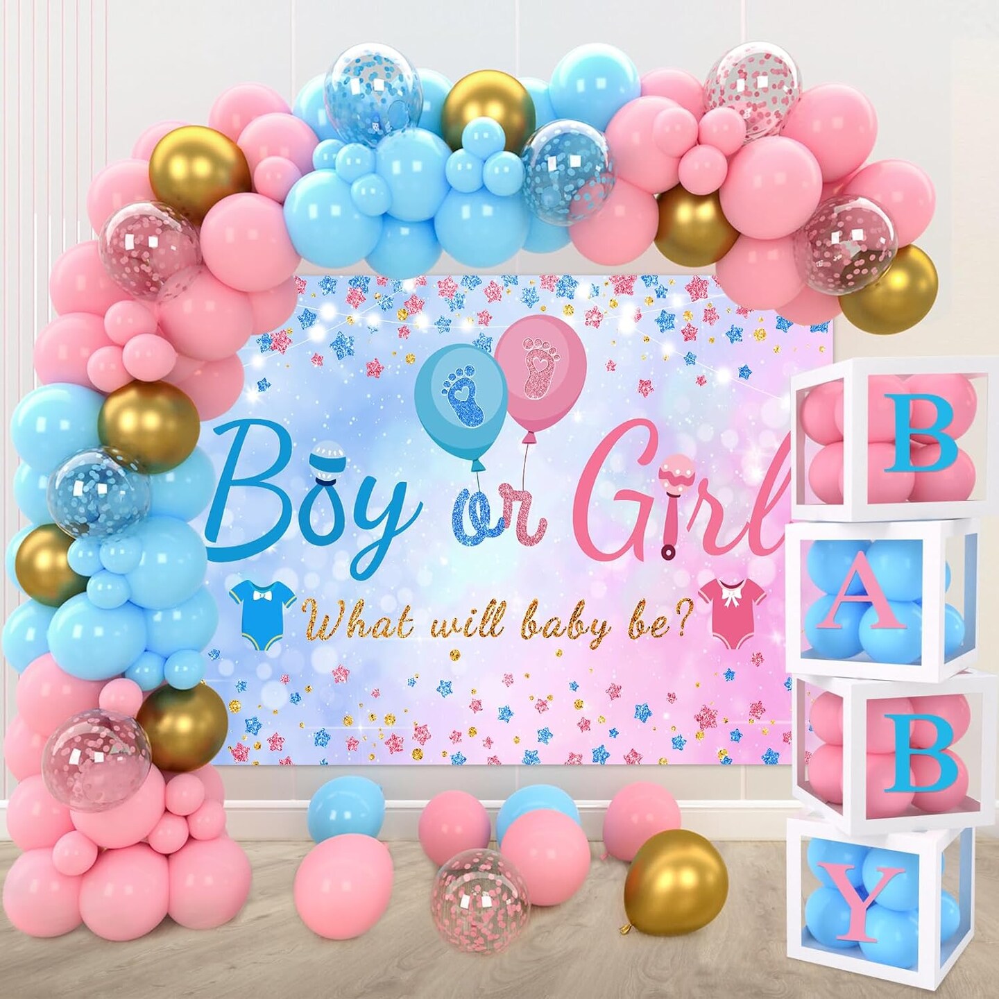 Gender Reveal Baby Balloon Boxes Decorations, Pink Blue Balloon Arch Garland Kits With 4pcs Baby Boxes, Gender Reveal Backdrop for Baby Shower,Boy or Girl gender Reveal Party Supplies(141pcs)