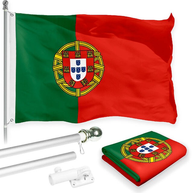 G128 Combo Pack: 6 Feet Tangle Free Spinning Flagpole (Silver) Portugal Portuguese Flag 3x5 ft Printed 150D Brass Grommets (Flag Included) Aluminum Flag Pole