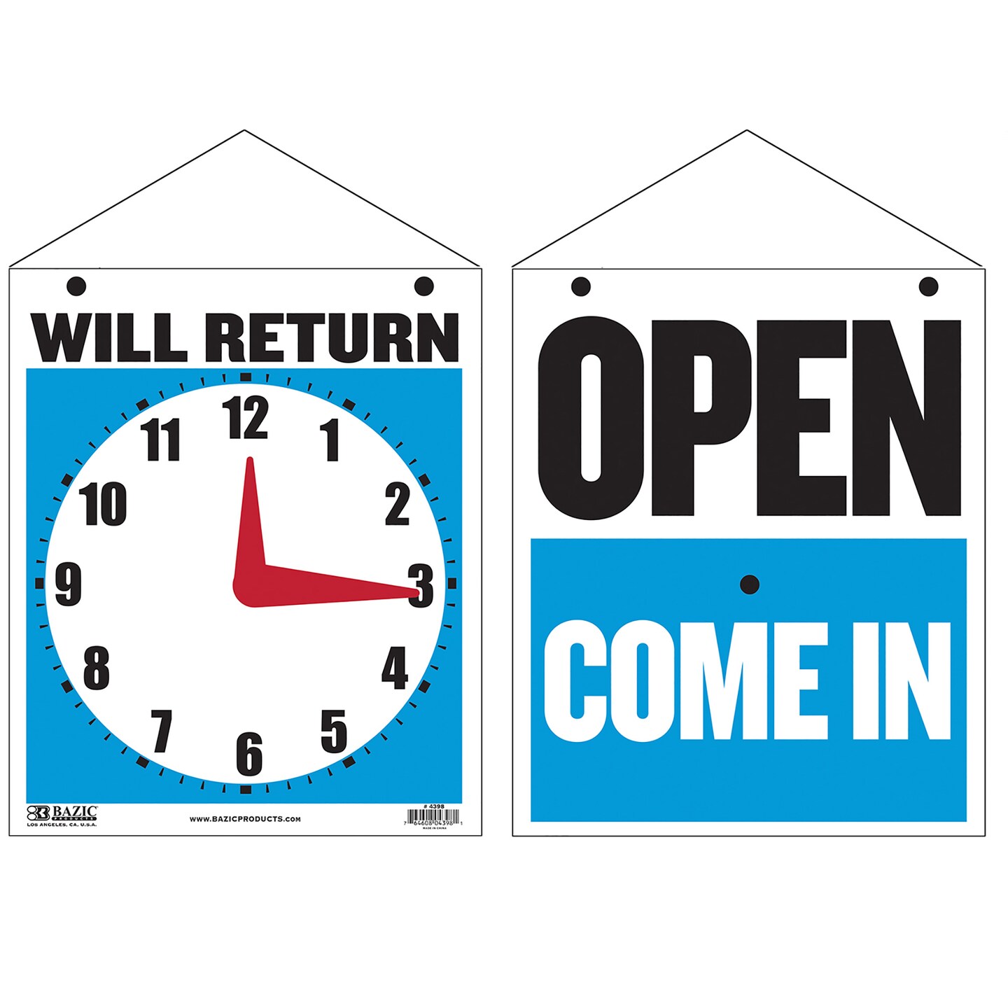 BAZIC Clock Sign "WILL RETURN" w/ "OPEN" sign on back 7.5" X 9"
