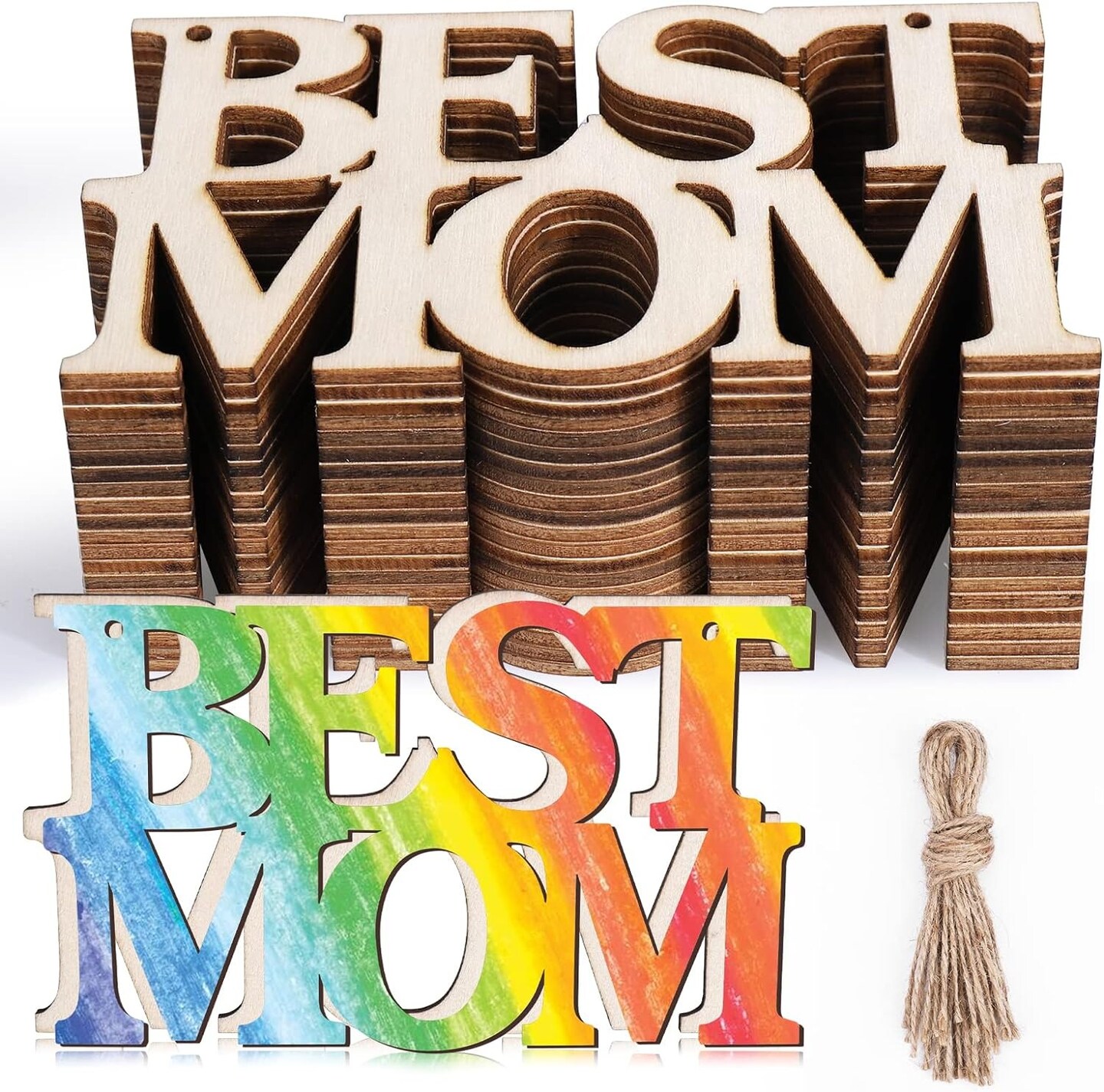 BEST MOM Wooden Letters Ornaments with Strings 40 Pieces