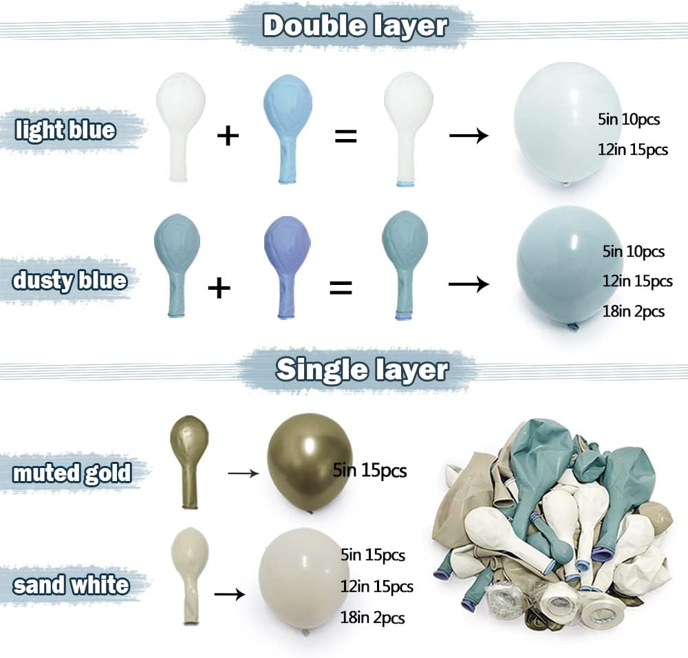 Dusty Blue White Balloon Garland Double Stuffed Pastel Light Blue Balloon White Sand Beige Cream Balloon Arch Kit Metallic Gold Balloons for Neutral Baby Shower Wedding Birthday Party