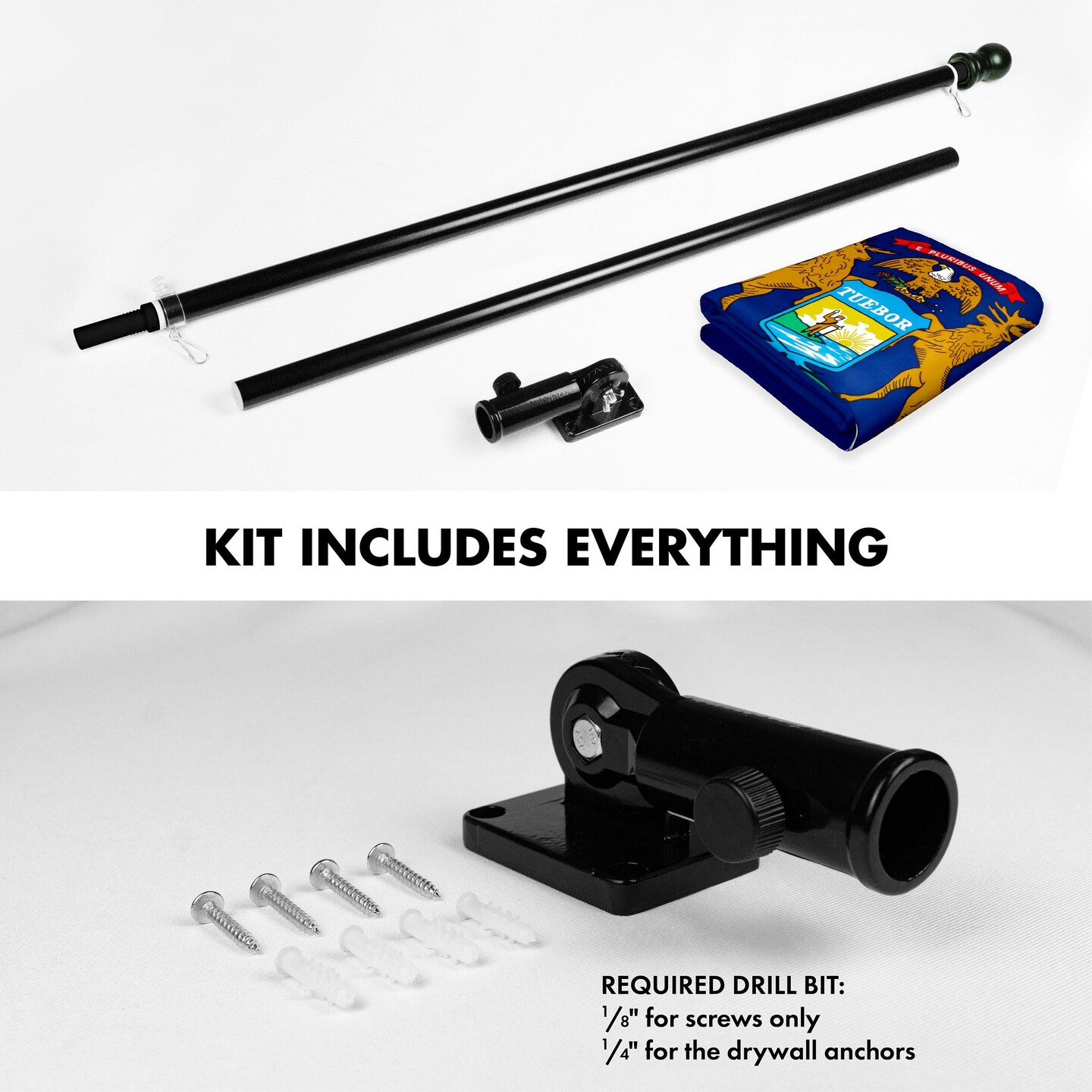 G128 Combo Pack: 6 Feet Tangle Free Spinning Flagpole (Black) Michigan MI State Flag 3x5 ft Printed 150D Brass Grommets (Flag Included) Aluminum Flag Pole