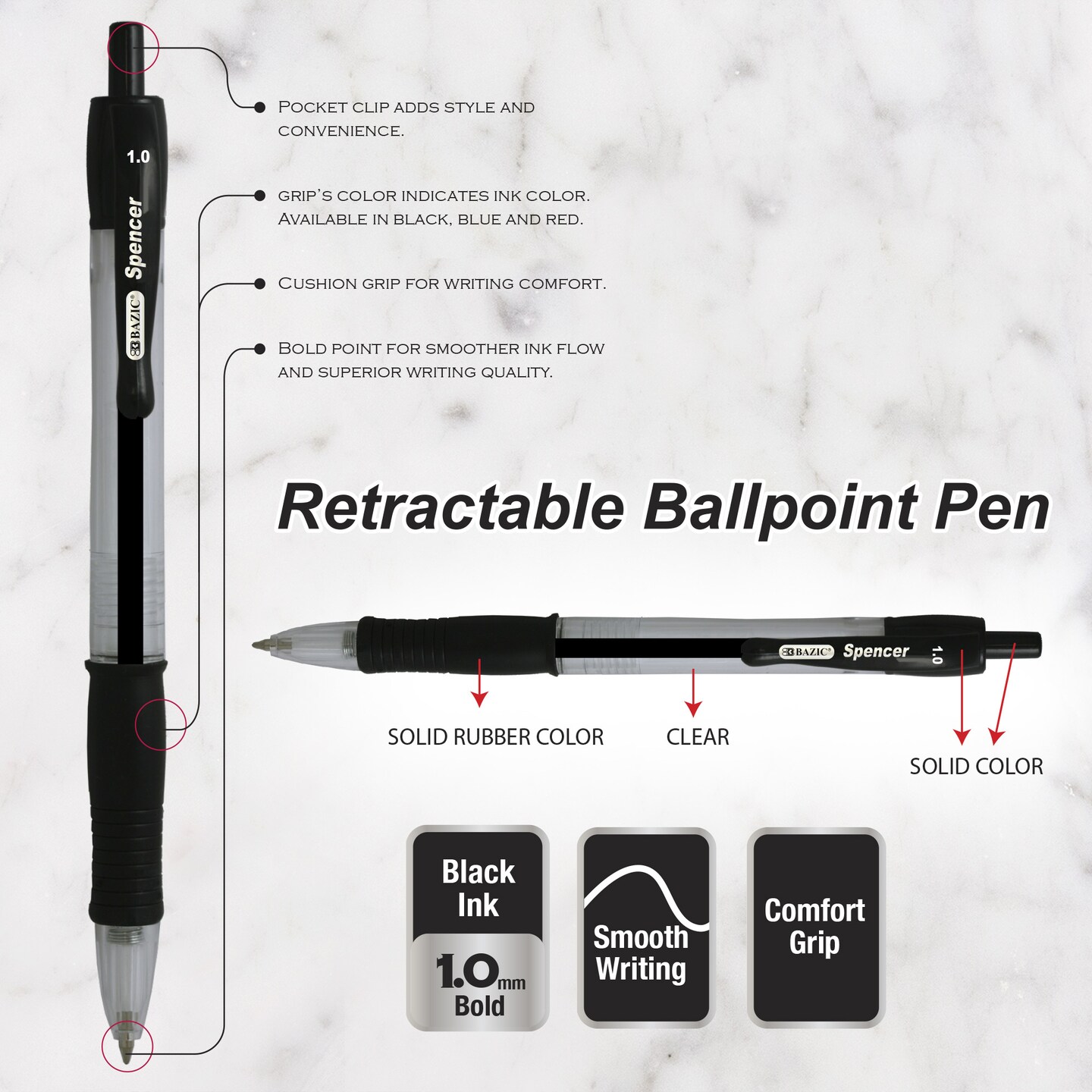 BAZIC Spencer Black Retractable Pen w/ Cushion Grip (5/Pack)