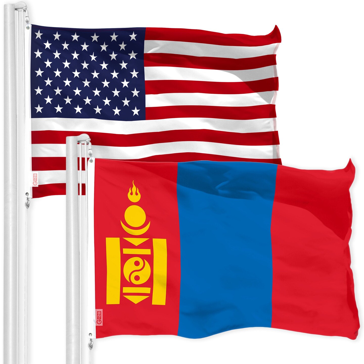 G128 Combo Pack: American USA Flag 3x5 Ft &#x26; Mongolia Mongolian Flag 3x5 Ft | Both LiteWeave Pro Series Printed 150D Polyester, Brass Grommets