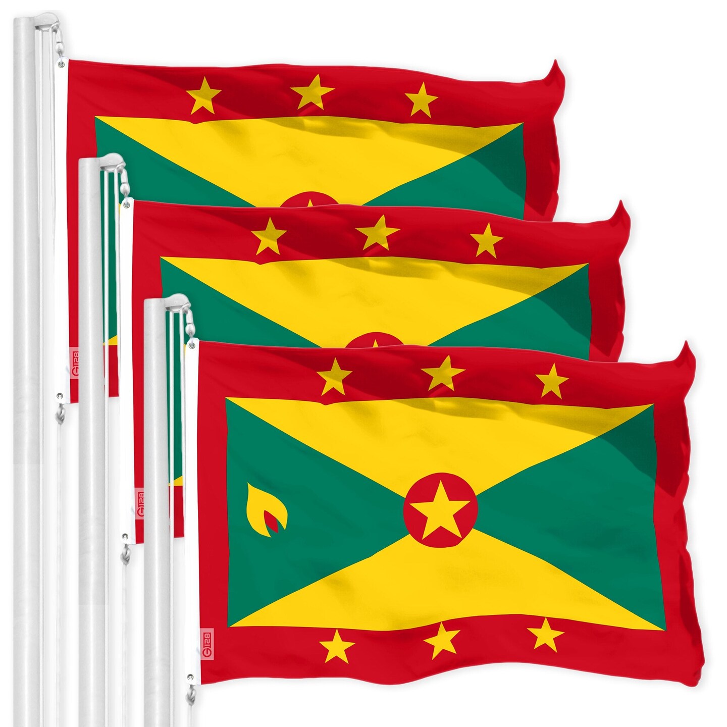 G128 3 Pack: Grenada Grenadian Flag | 3x5 Ft | LiteWeave Pro Series Printed 150D Polyester | Country Flag, Indoor/Outdoor, Vibrant Colors, Brass Grommets, Thicker and More Durable Than 100D 75D Poly