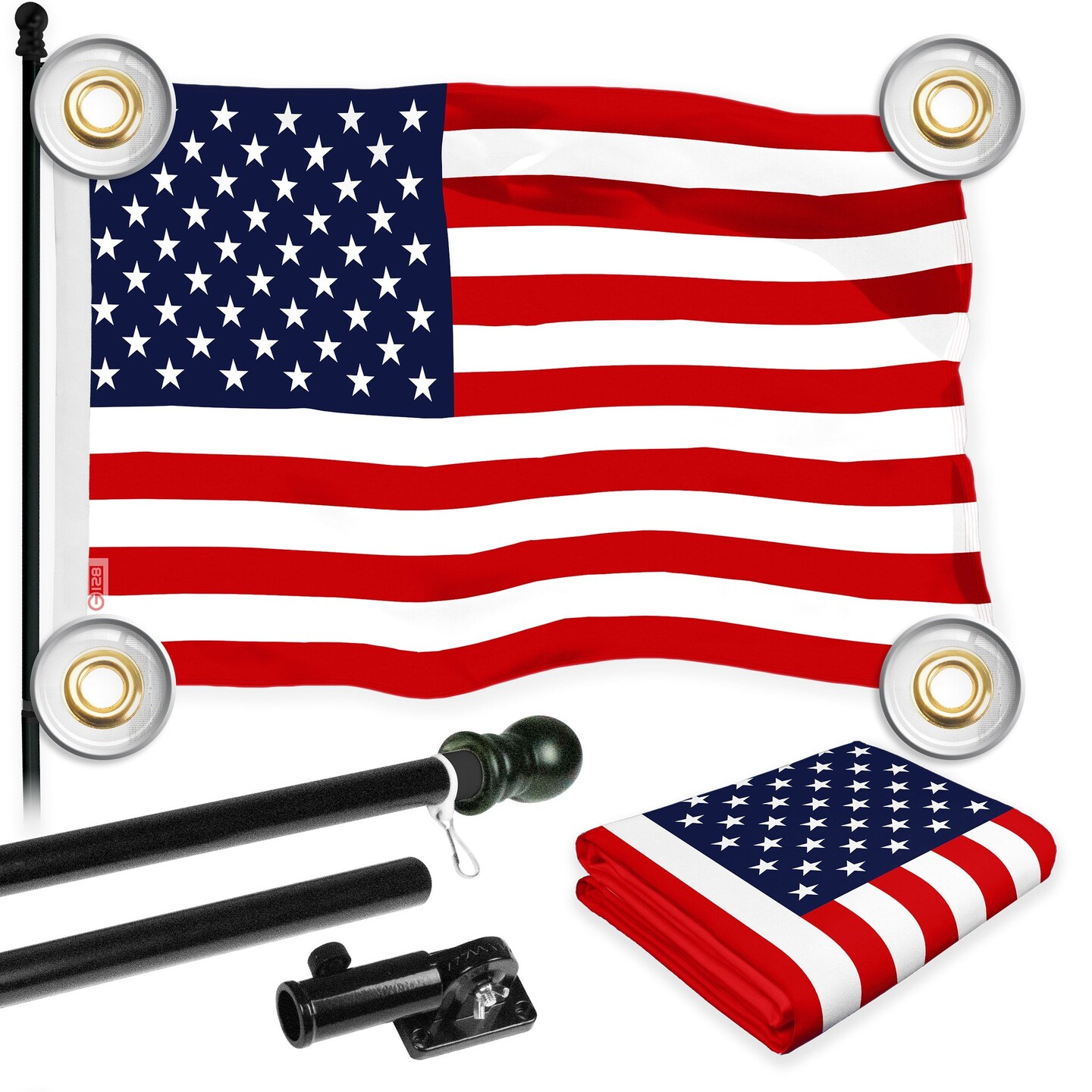 G128 Combo Pack: 6 Ft Tangle Free Aluminum Spinning Flagpole (Black) & American USA Flag 3x5 Ft, LiteWeave Pro Series Printed 150D Polyester, 4 Corner Brass Grommets | Pole with Flag Included