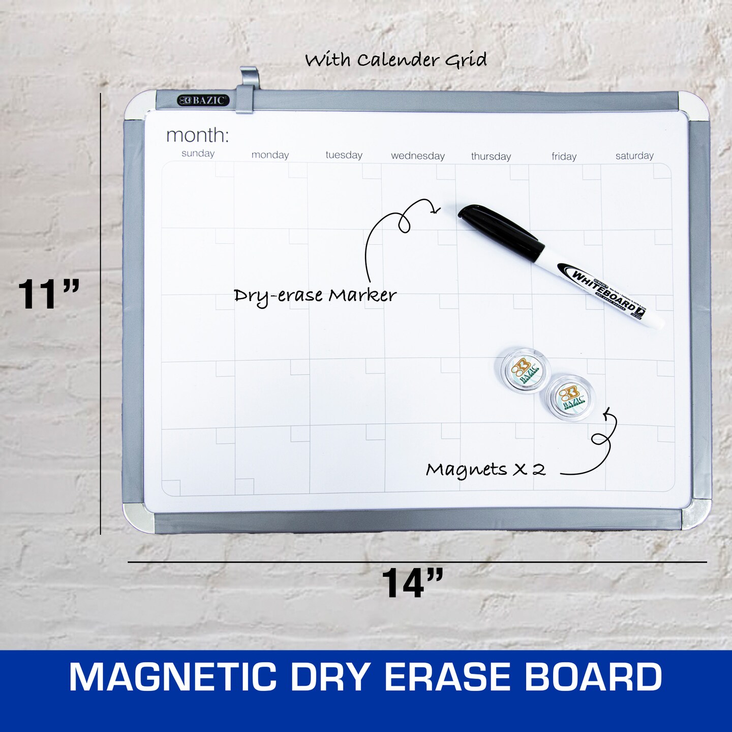 BAZIC CLASSIQUE Magnetic Dry Erase Calendar Board 11&#x22; X 14&#x22; w/ Marker &#x26; 2 Magnets