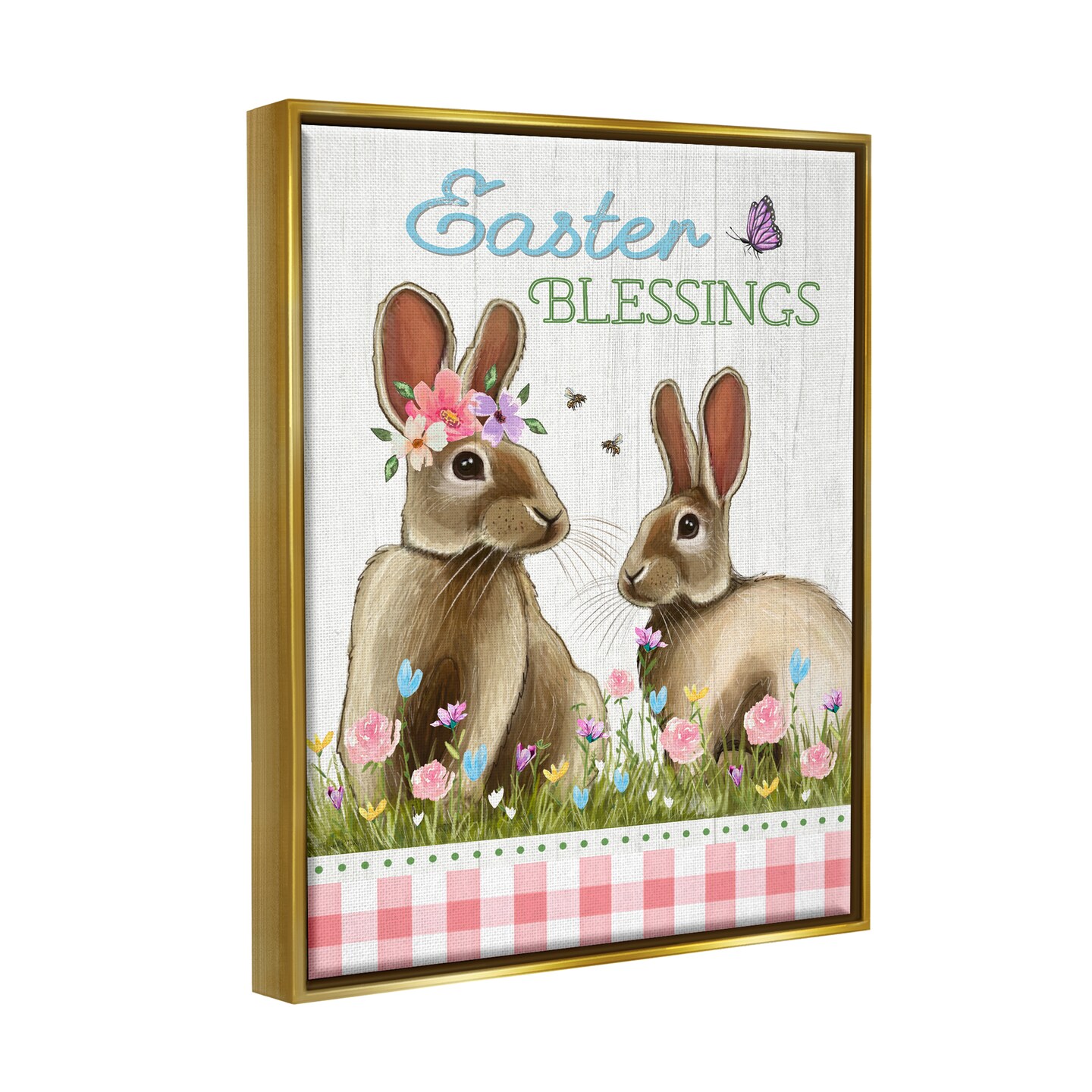 Stupell Industries Easter Blessings Gingham Bunnies Black Framed Floater Canvas Wall Art