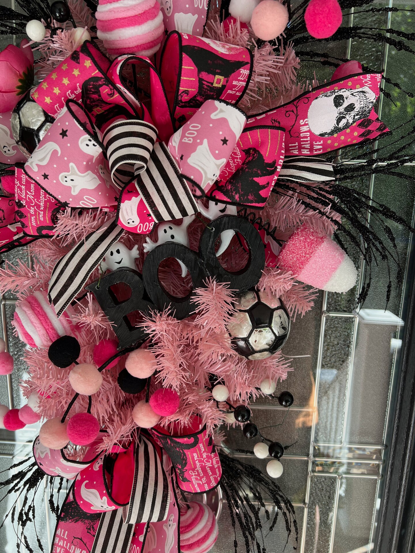 Pink Halloween Swag Wreath For Front Door, With BOO Sign