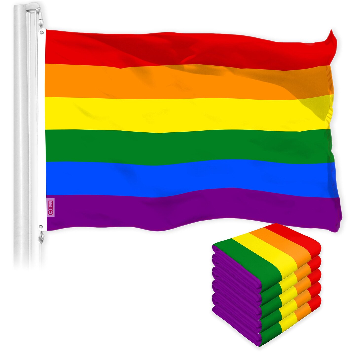 G128 5 Pack: LGBT Rainbow Pride Flag | 3x5 Ft | LiteWeave Pro Series Printed 150D Polyester | Indoor/Outdoor, Vibrant Colors, Brass Grommets, Thicker and More Durable Than 100D 75D Polyester