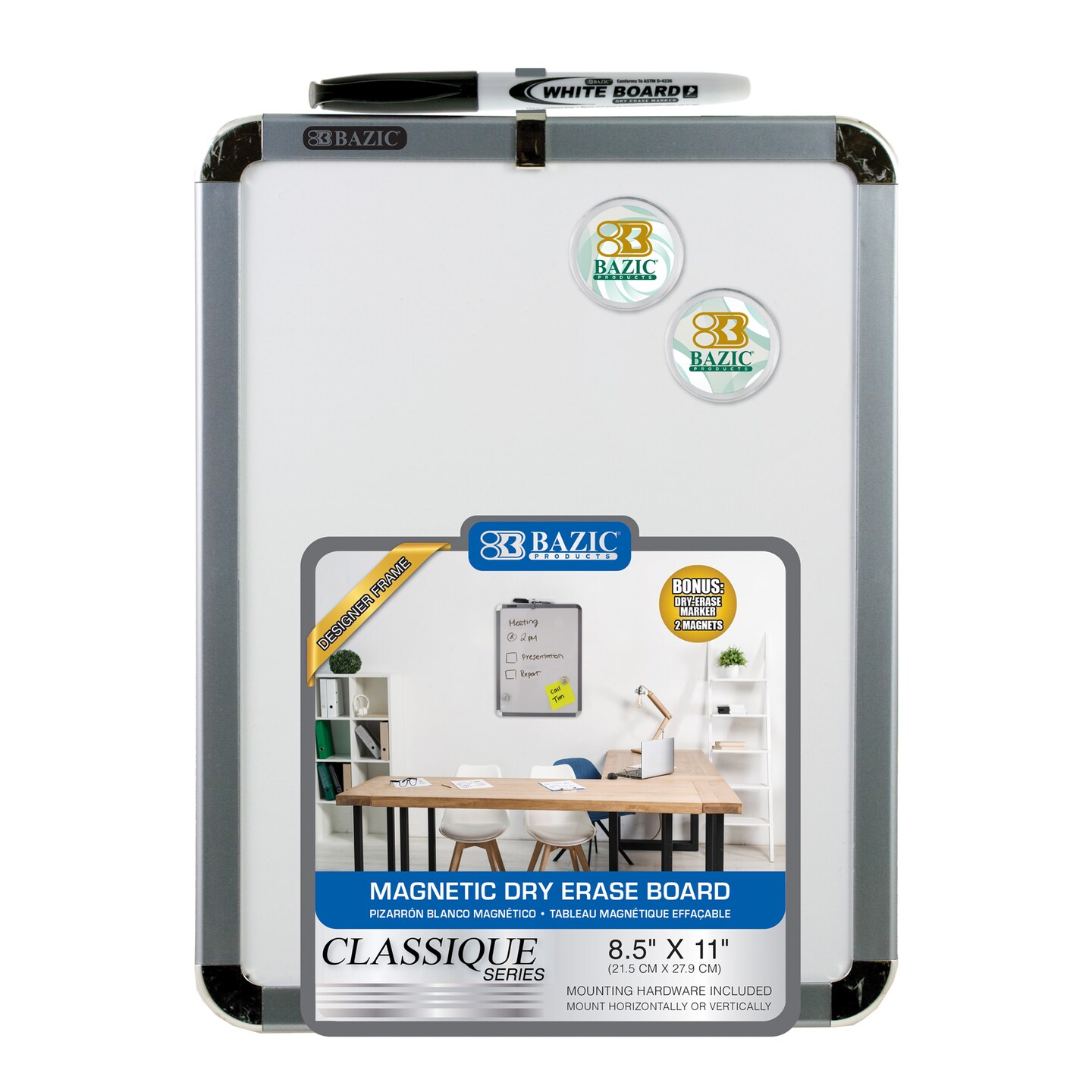 BAZIC CLASSIQUE Magnetic Dry Erase Board 8.5" X 11" w/ Marker & 2 Magnets