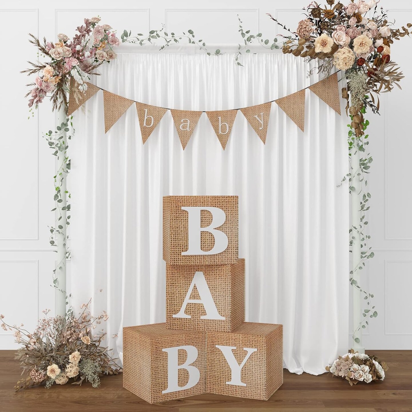 Baby Boxes with Letters for Baby Shower, 4pcs Rustic Farmhouse Style Boho Balloon Boxes with Burlap Grain for Birthday Gender Reveal Decoration Backdrop Photo Props