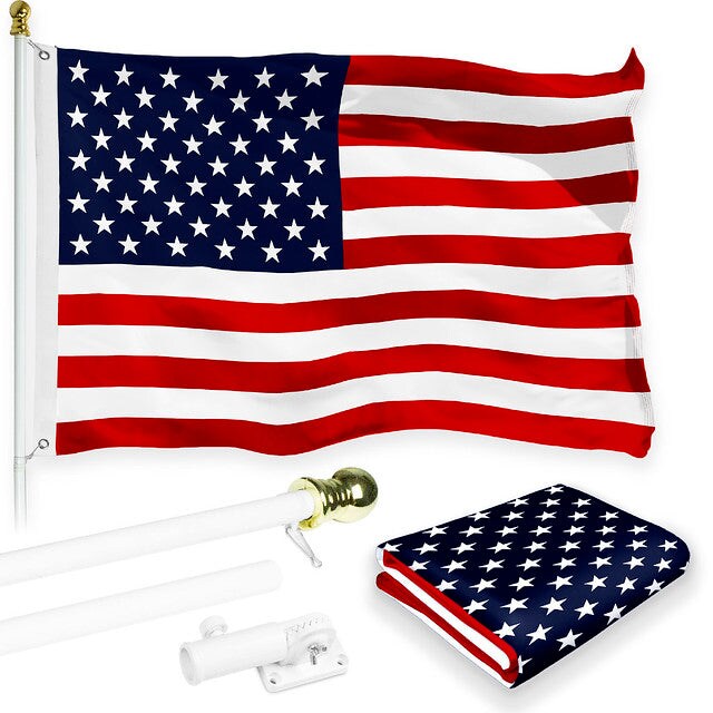 G128 Combo Pack: 6 Feet Tangle Free Spinning Flagpole (White) USA American Flag 3x5 ft Printed 150D Brass Grommets (Flag Included) Aluminum Flag Pole