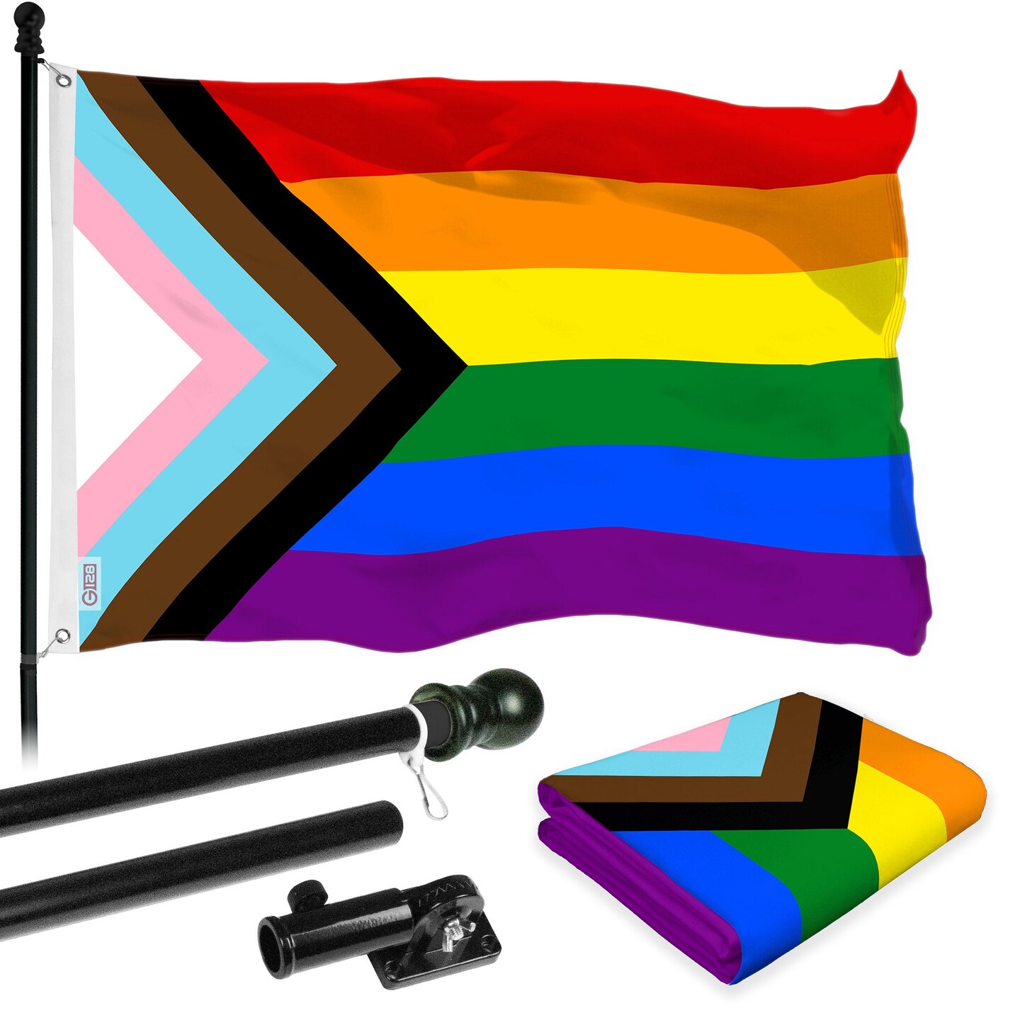 G128 Combo Pack: 6 Ft Tangle Free Aluminum Spinning Flagpole (Black) &#x26; LGBT Progress Rainbow Pride Flag 3x5 Ft, LiteWeave Pro Series Printed 150D Polyester | Pole with Flag Included