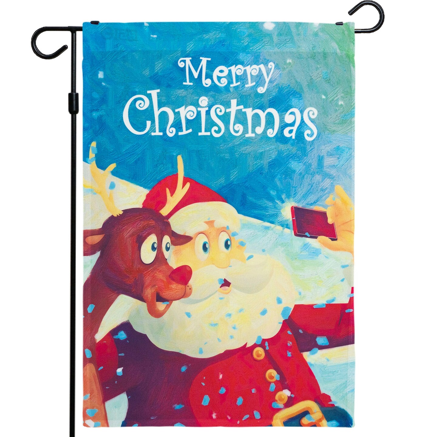 G128 - Christmas Garden Flag, Christmas and Winter Themed Decorations - Santa and Reindeer with Merry Christmas Quote,  | 12x18 Inch | Printed 150D Polyester - Rustic Holiday Seasonal Outdoor Flag