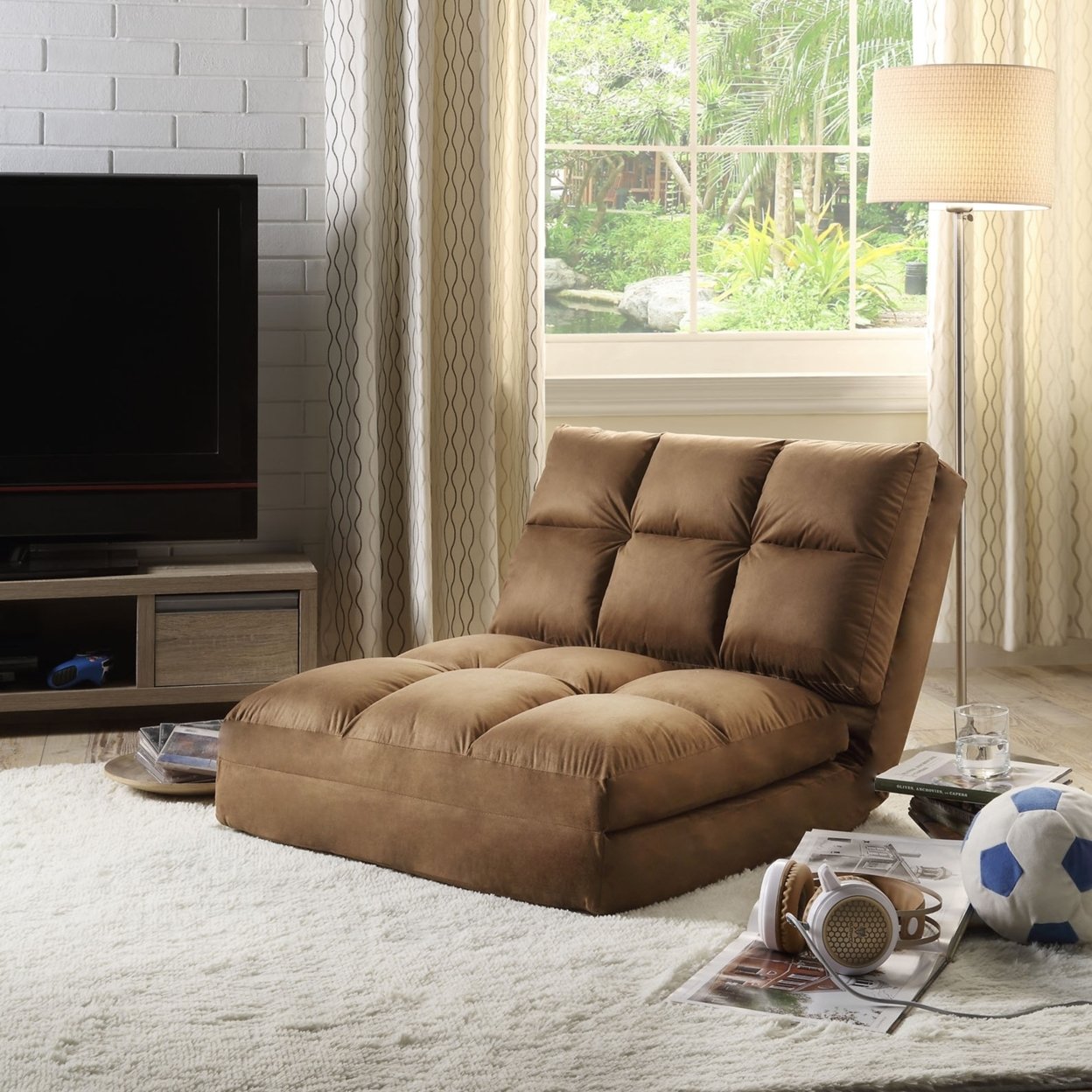 Loungie   Beige Flip Chair-5 Position Adjustable-Sleeper-Dorm Bed-Lounger Seat or Sofa-Portable