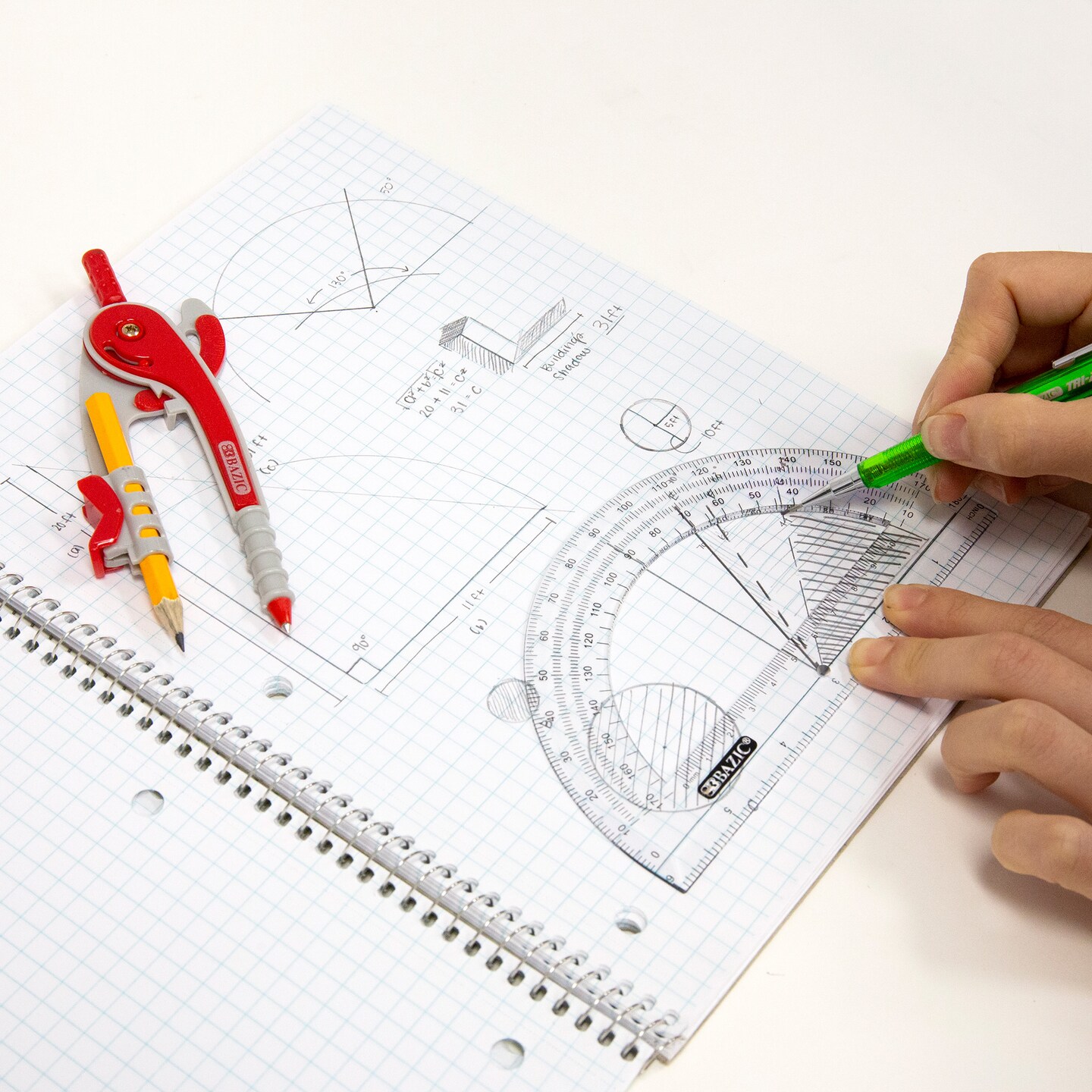 BAZIC Scale-Arm Compass w/ #2 Wood Pencil &#x26; 6&#x22; Protractor Set