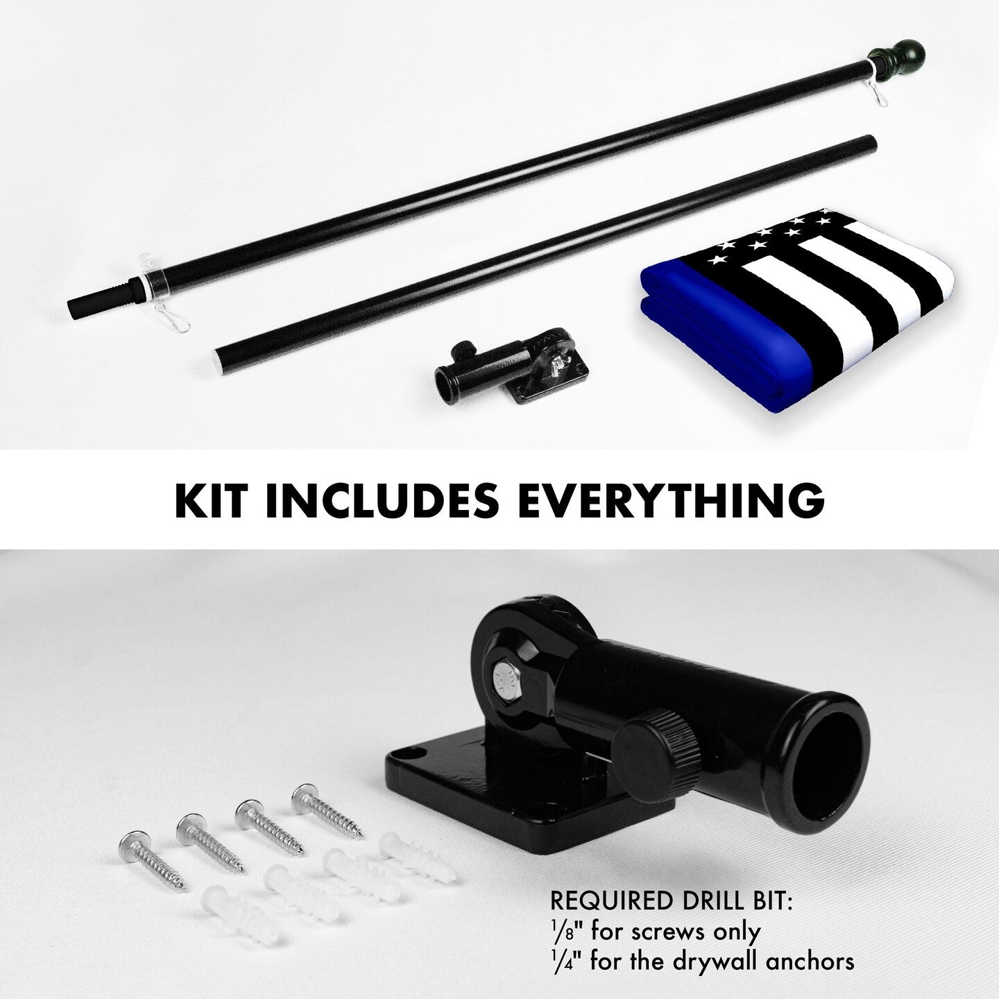 G128 Combo Pack: 6 Ft Tangle Free Aluminum Spinning Flagpole (Black) &#x26; Thin Blue Line Flag 3x5 Ft, LiteWeave Pro Series Printed 150D Polyester, 4 Corner Brass Grommets | Pole with Flag Included