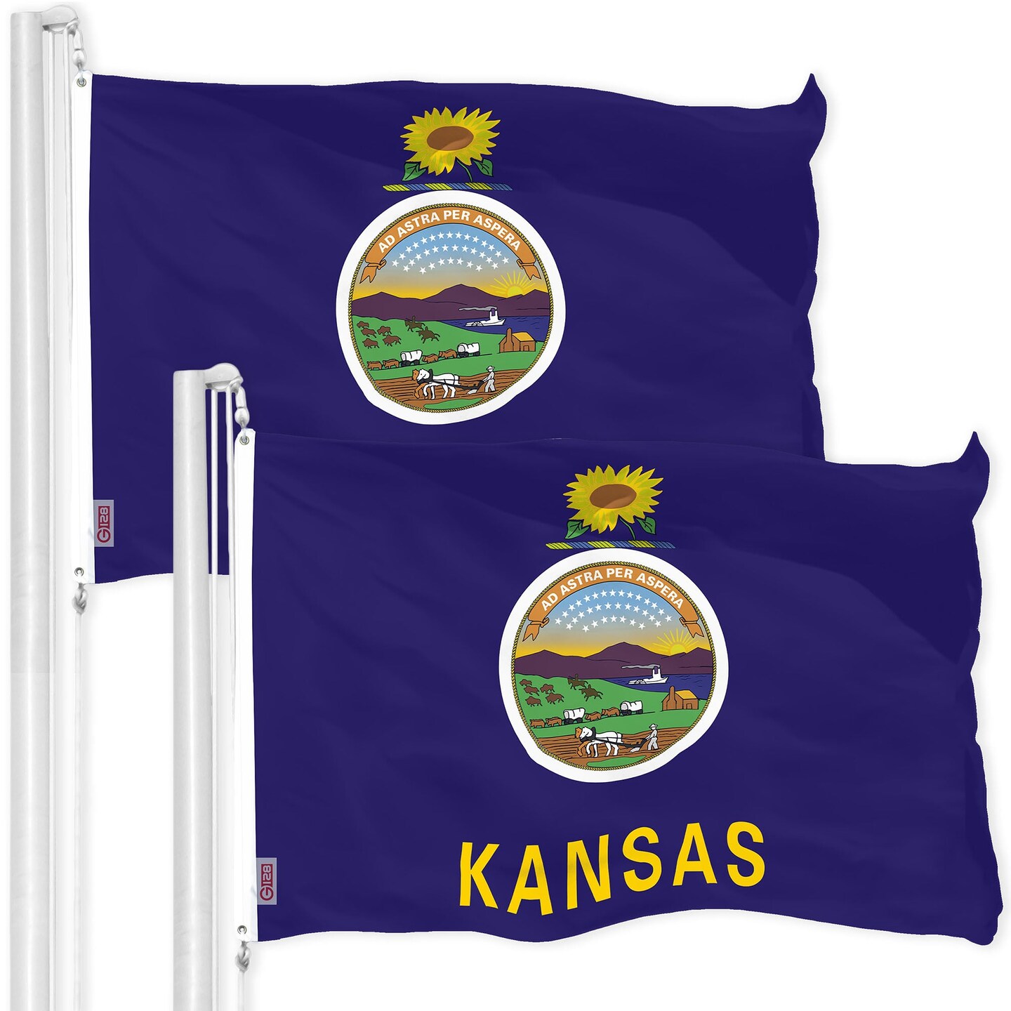 G128 2 Pack: Kansas KS State Flag | 3x5 Ft | Printed 300D Polyester - Indoor/Outdoor, Vibrant Colors, Brass Grommets, Quality Polyester, Much Thicker More Durable Than 100D 75D Polyester