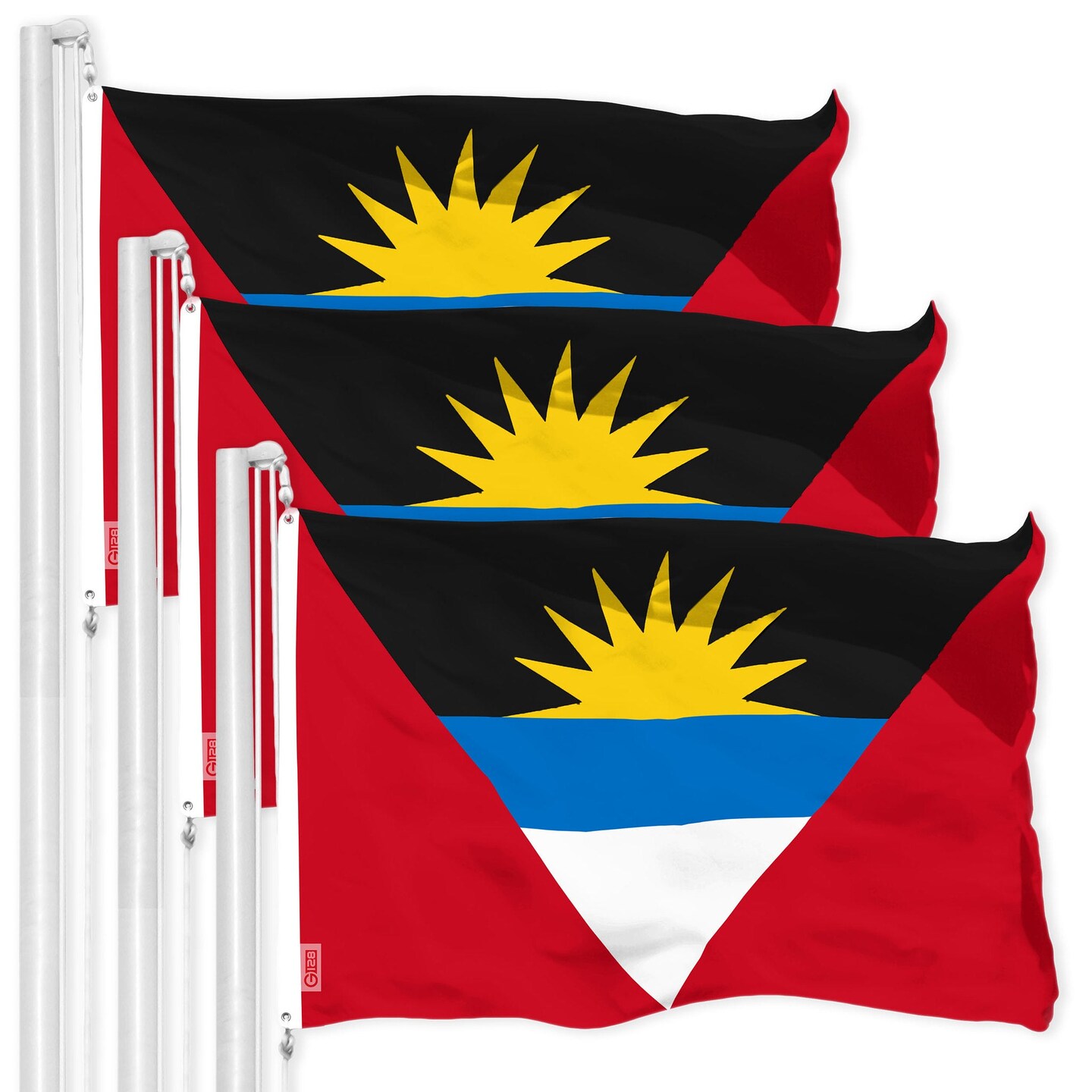 G128 3 Pack: Antigua and Barbuda Antiguan and Barbudan Flag | 3x5 Ft | LiteWeave Pro Printed 150D Poly | Country Flag, Vibrant Colors, Brass Grommets, Thicker and More Durable Than 100D 75D Poly