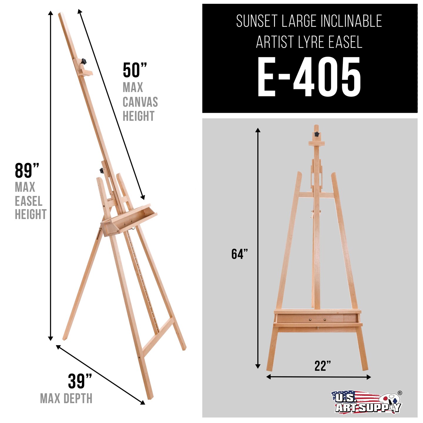 Sunset 64&#x22; to 89&#x22; High Lyre Style Studio A-Frame Easel with Artist Storage Tray - Sturdy Beechwood, Inclinable Mast, Adjustable Height To 48&#x22; Canvas