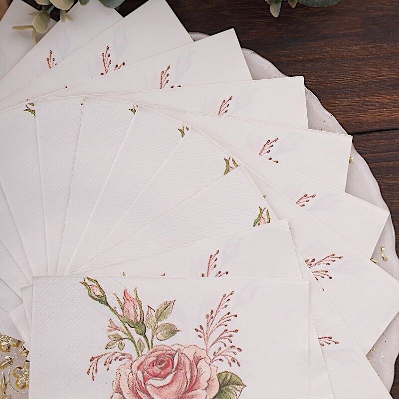 20 Ivory 13x13 in Cocktail Paper NAPKINS Pink Rose Design
