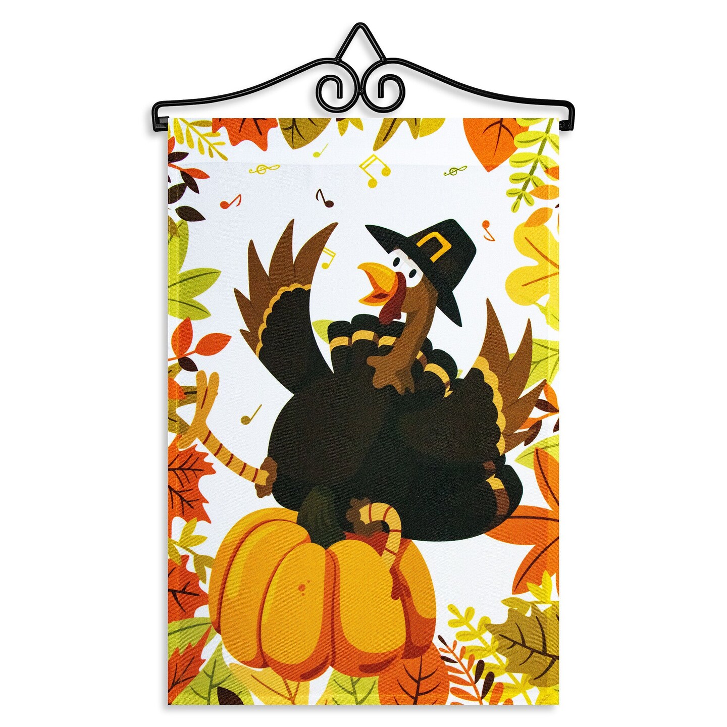 G128 Combo Pack Garden Flag Hanger 14IN &#x26; Garden Flag Pilgrim Turkey with Pumpkin 12x18IN Printed 150D Polyester