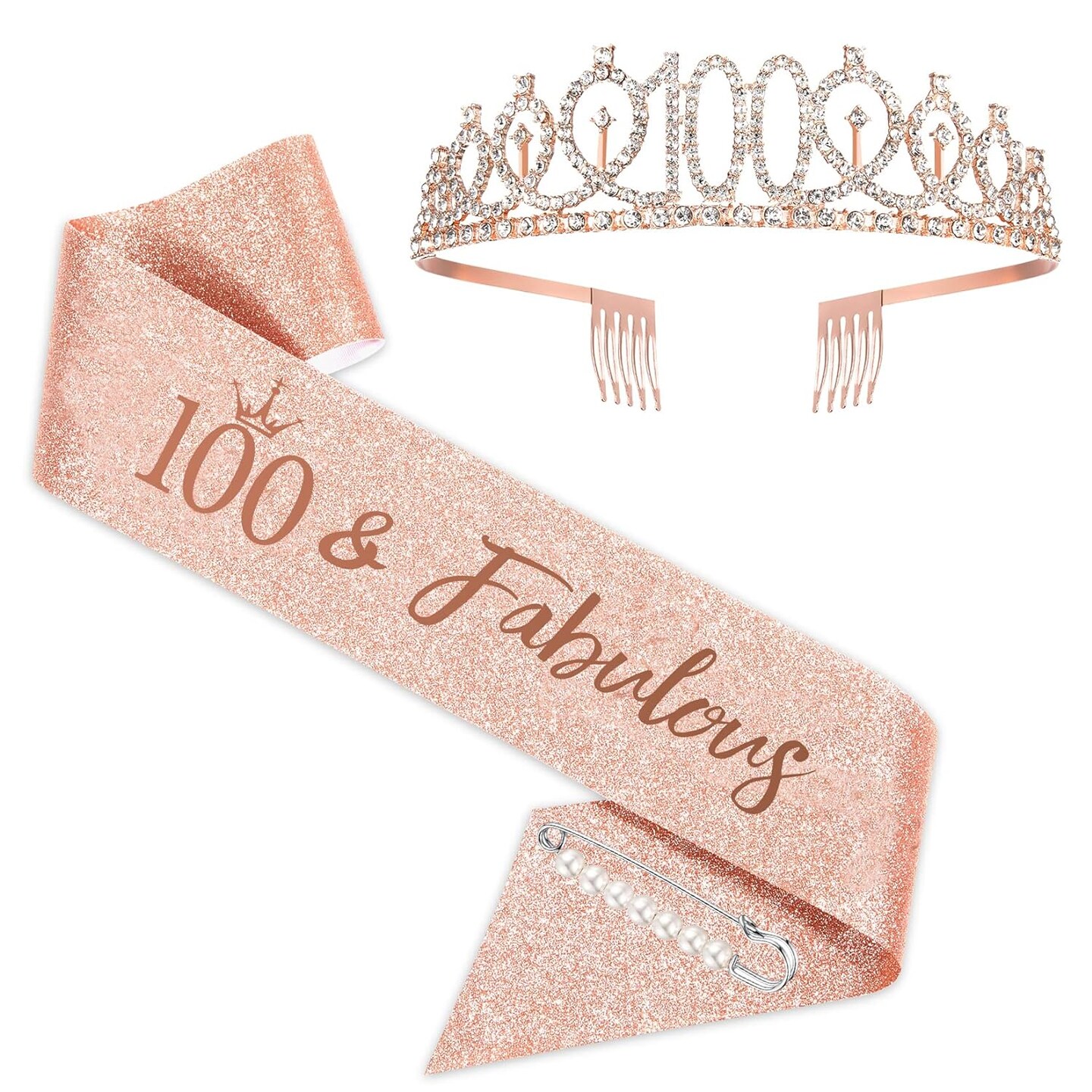 Rose Gold Birthday Sash Crown &#x26; Tiara for Woman Gifts for Happy 100th Birthday Party Favor Supplies