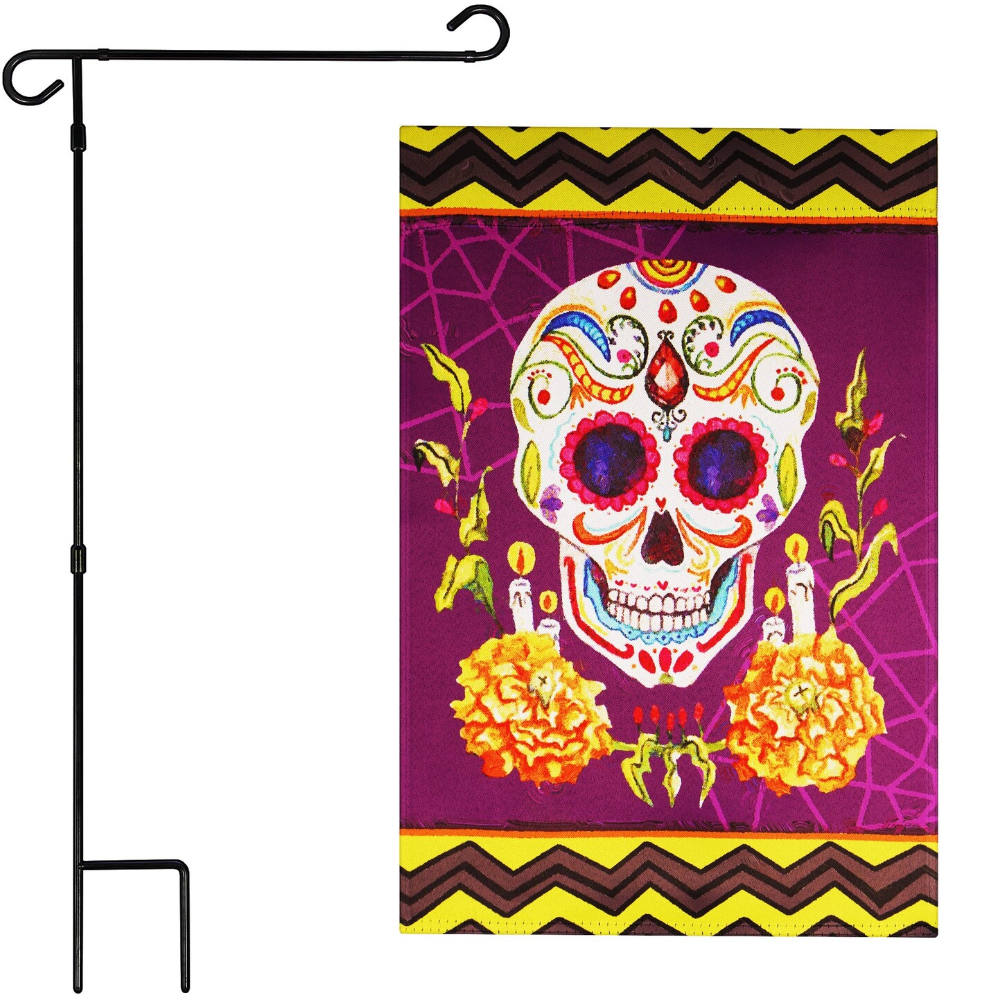 G128 Combo Pack: Garden Flag Stand Black 36 in x 16 in & Garden Flag Day of the Dead Decoration Sugar Skull 12"x18" Double-Sided Blockout Fabric