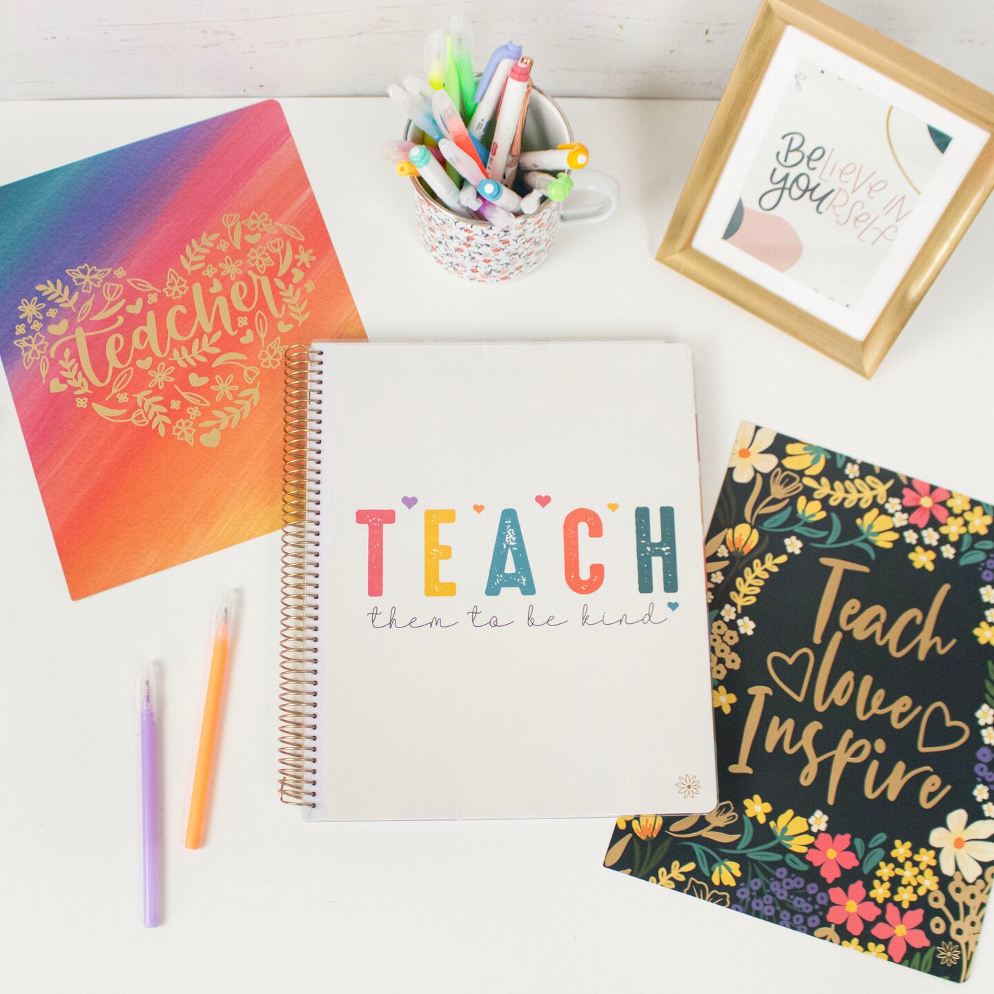product name is Undated Teacher Planner and Calendar, Bold and Bright, Interchangeable Cover - SCHOOL'S STARTING!