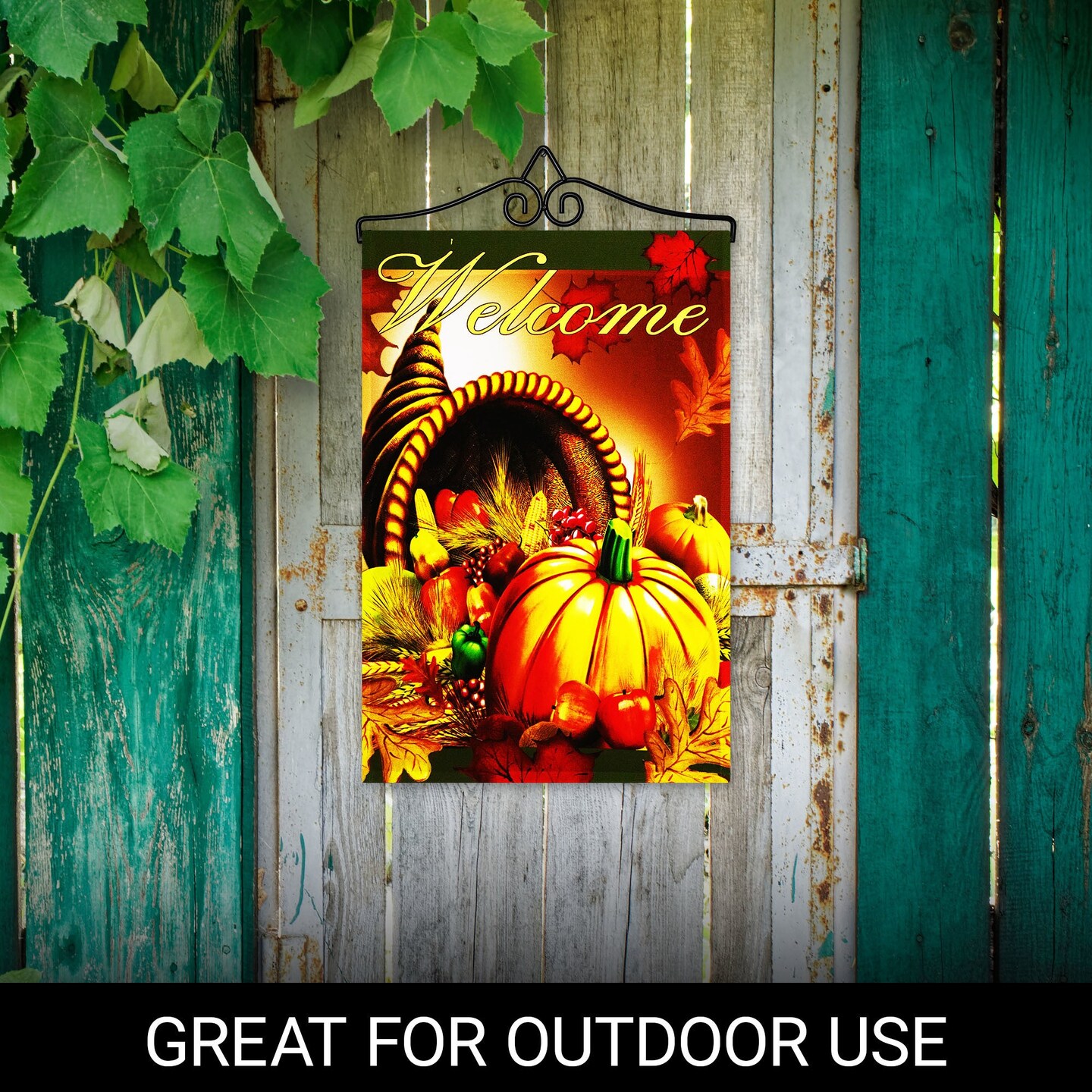 G128 Combo Pack Garden Flag Hanger 14IN & Garden Flag Welcome Cornucopia with Pumpkin 12x18IN Printed 150D Polyester