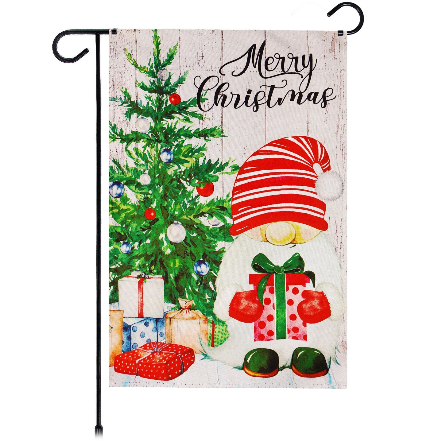 G128 Garden Flag Merry Christmas Santa Gnome with Present 12"x18" Blockout Fabric