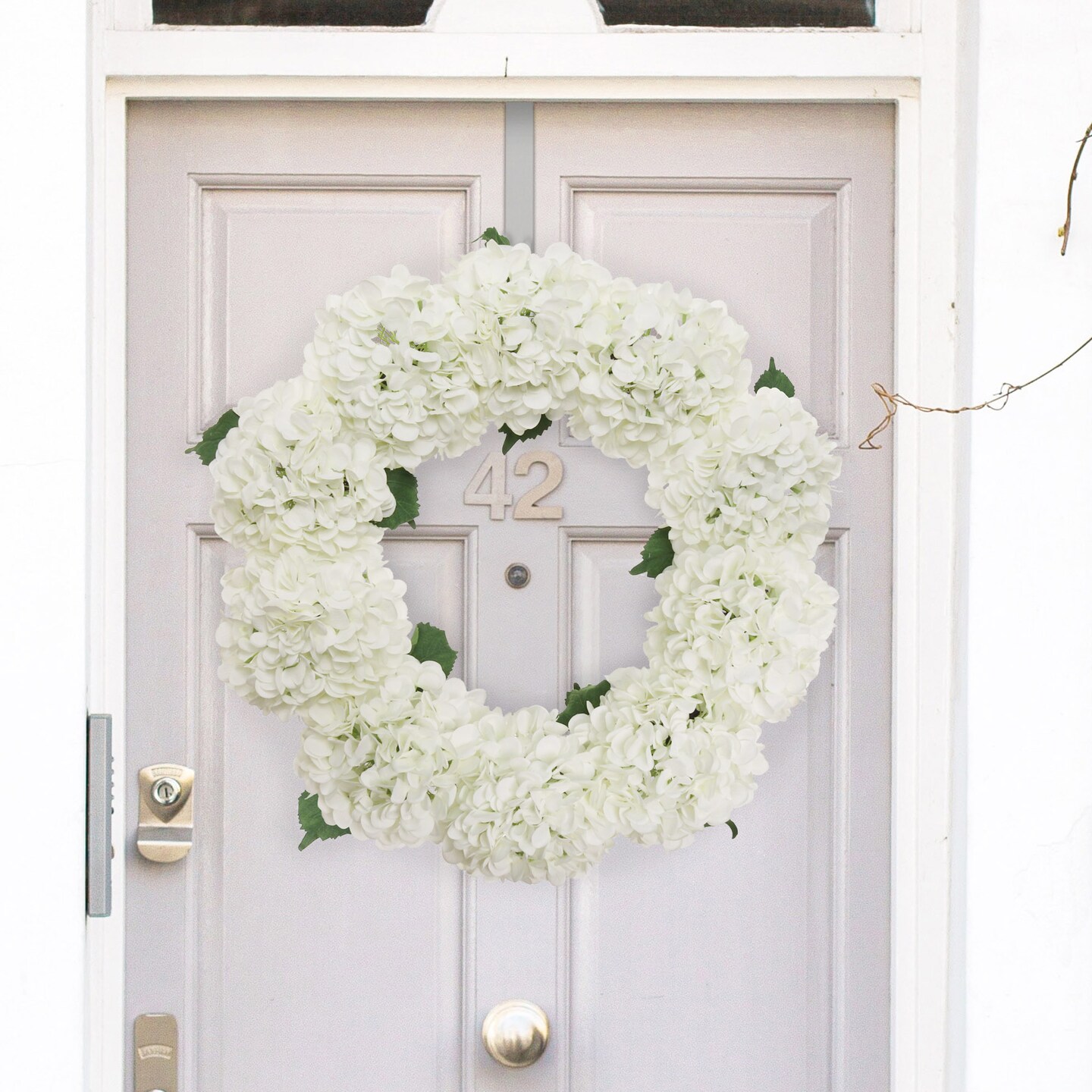 15" Soft White Hydrangea Wreath - Realistic Silk Flowers & Grapevine Ring for Home & Event Decor by Floral Home®