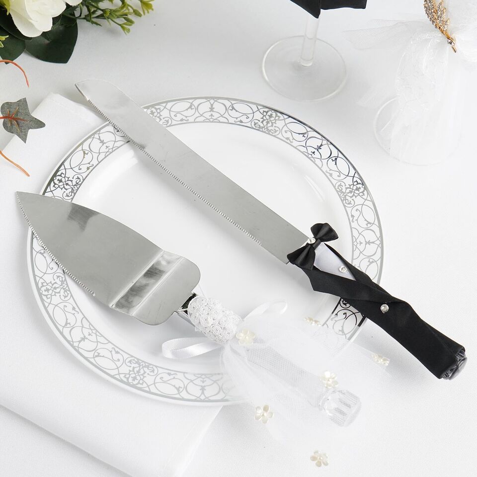 Silver Cake Knife and Server Set Groom Bride Handles Wedding Tableware
